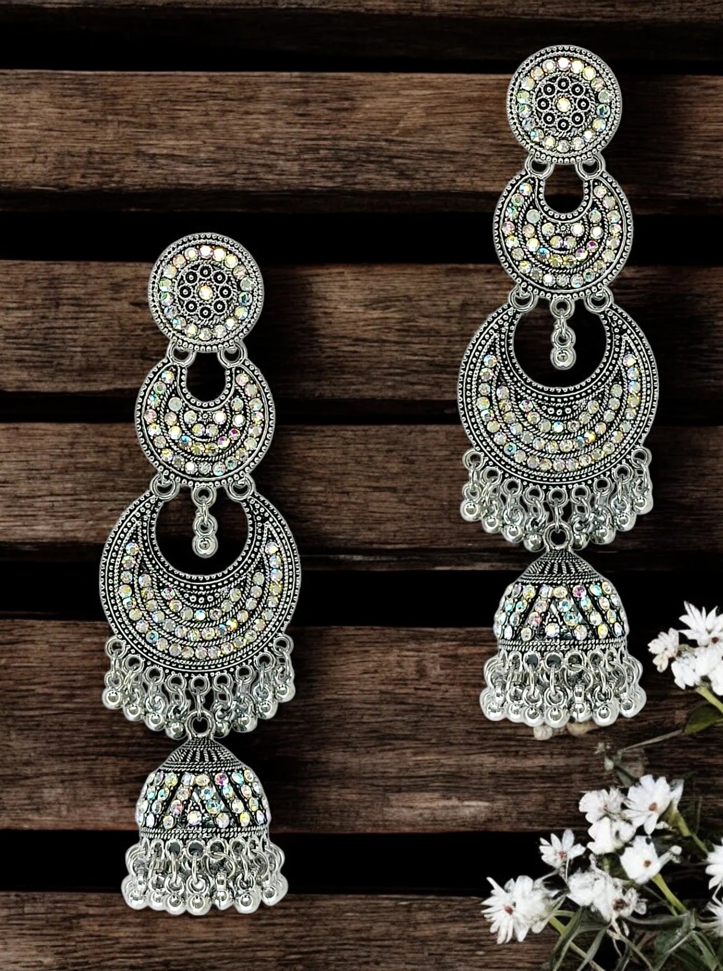Silver Oxidized Chandbali Drop Earrings