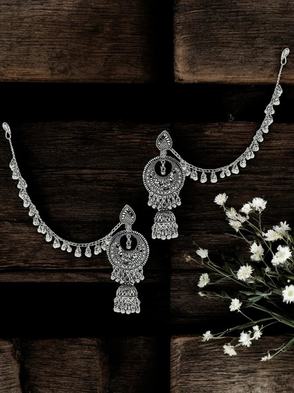 Silver Oxidized Jhumka Earrings With Hairchain