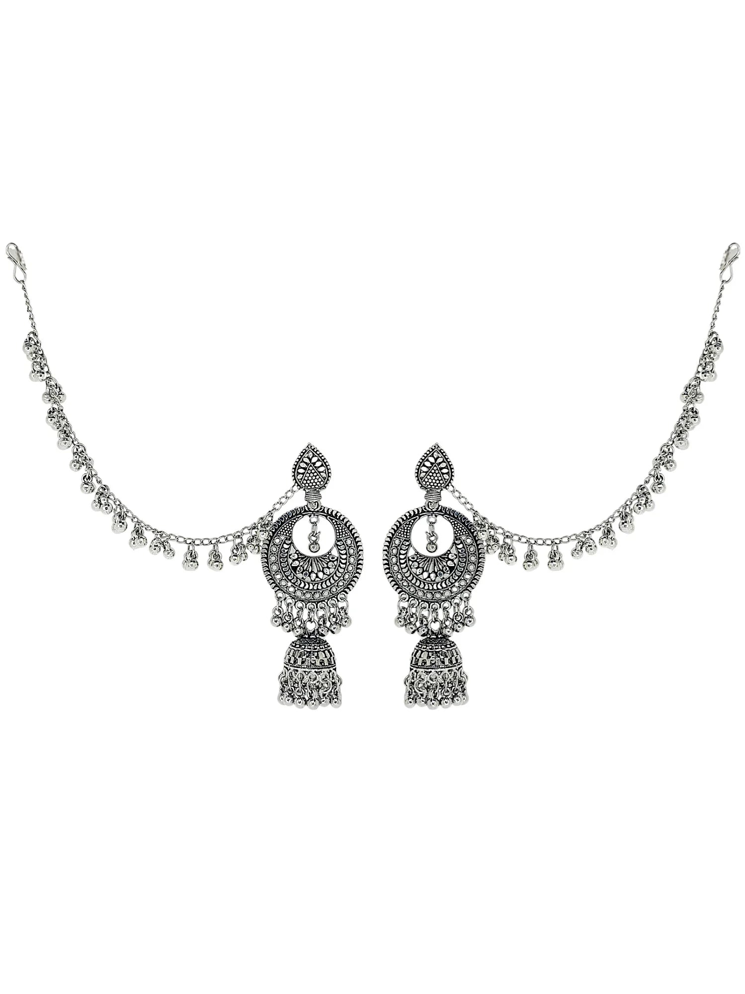 Silver Oxidized Jhumka Earrings With Hairchain