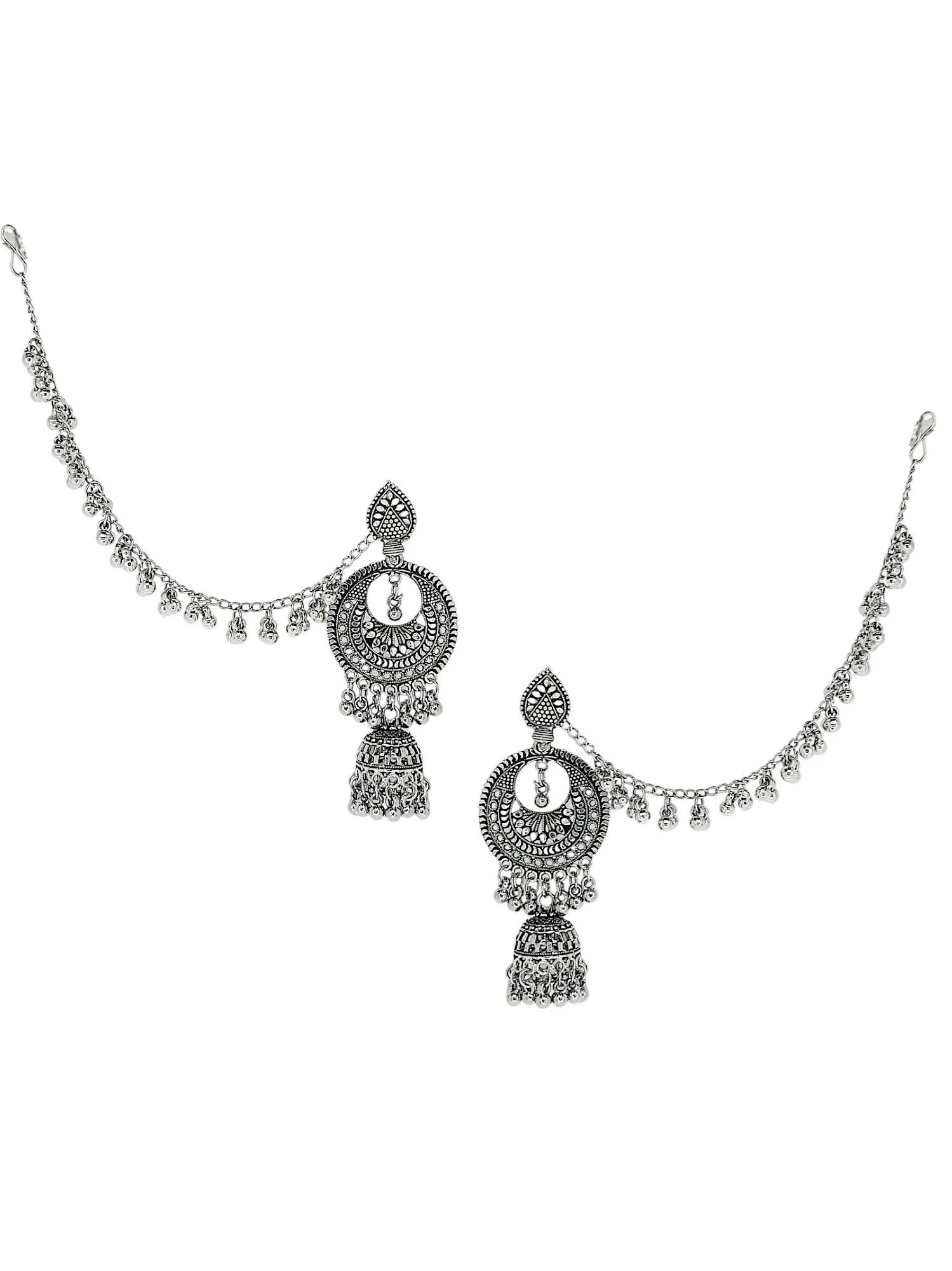 Silver Oxidized Jhumka Earrings With Hairchain