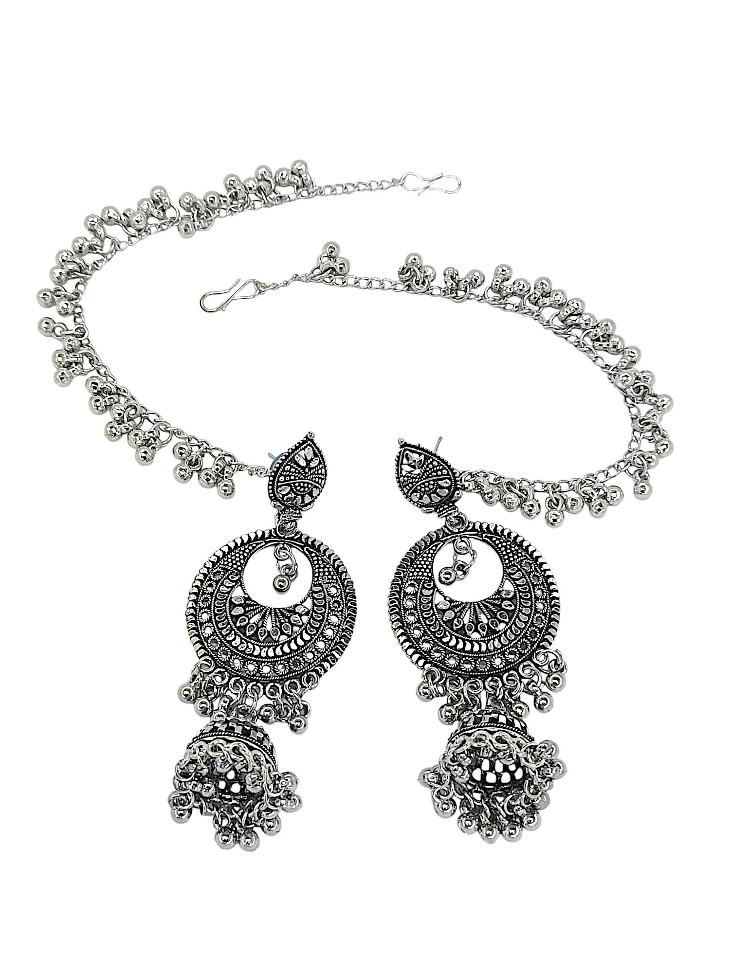Silver Oxidized Jhumka Earrings With Hairchain