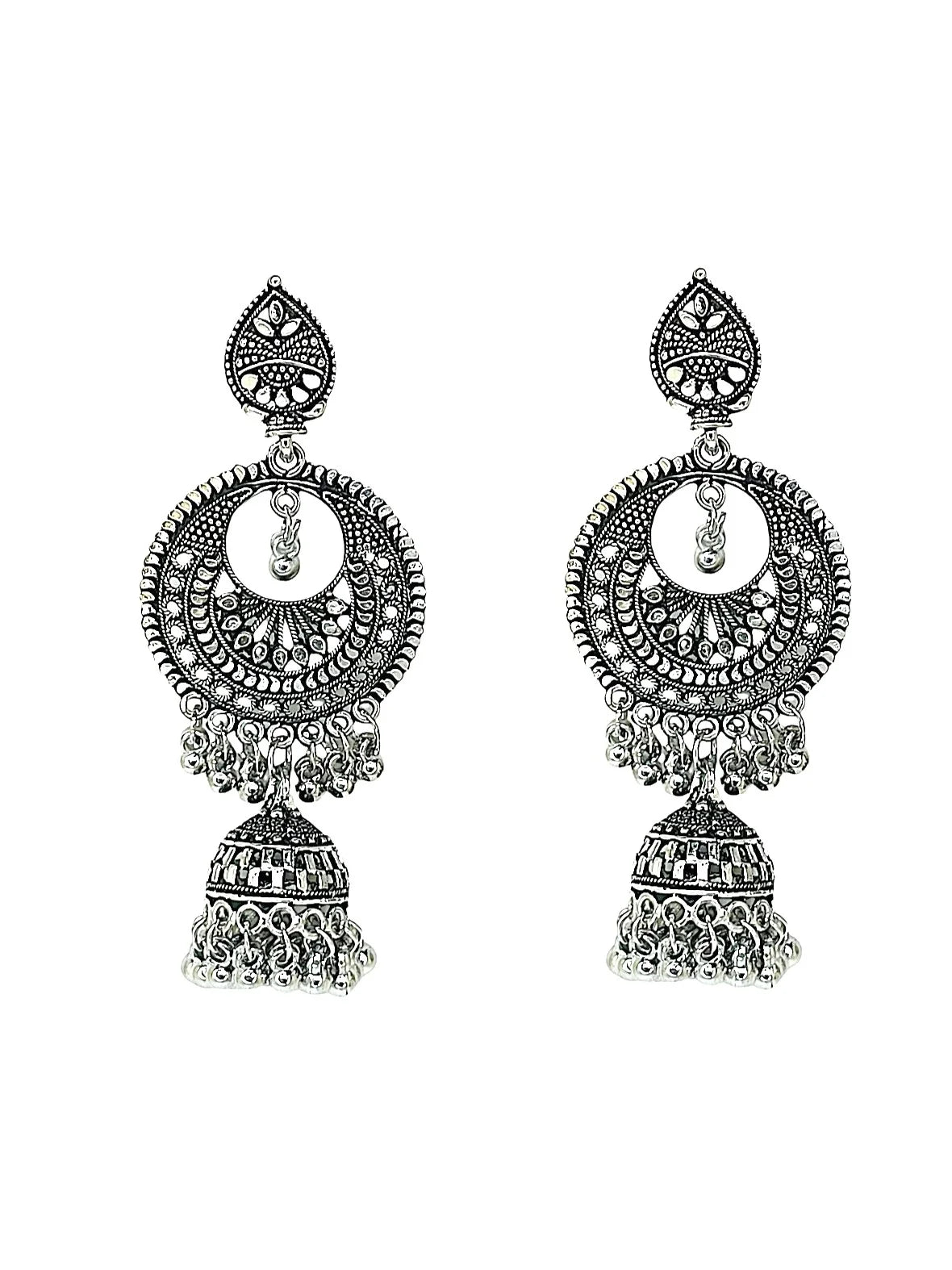 Silver Oxidized Jhumka Earrings With Hairchain