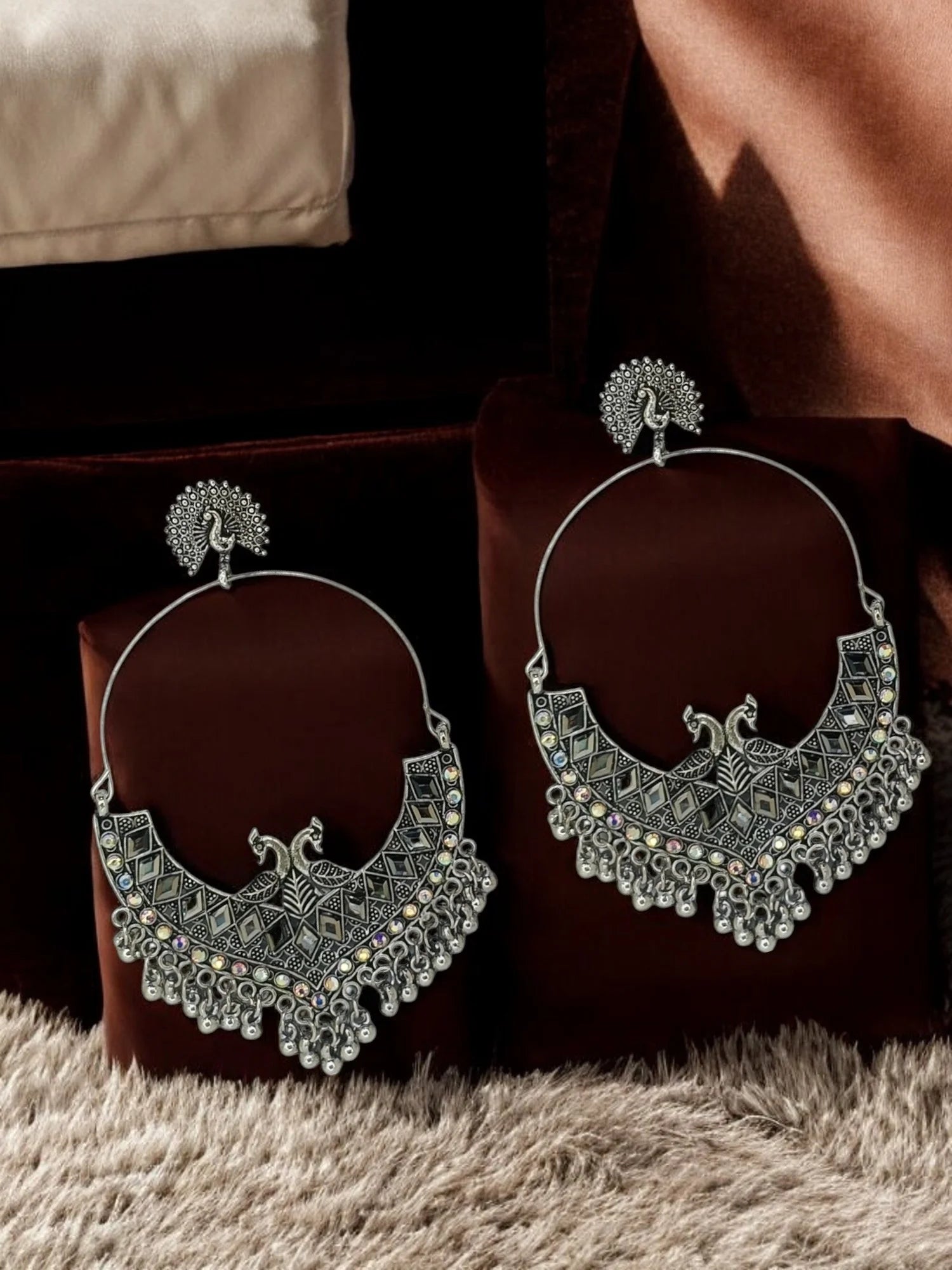 Silver Oxidized Peacock Mirror Drop Earrings
