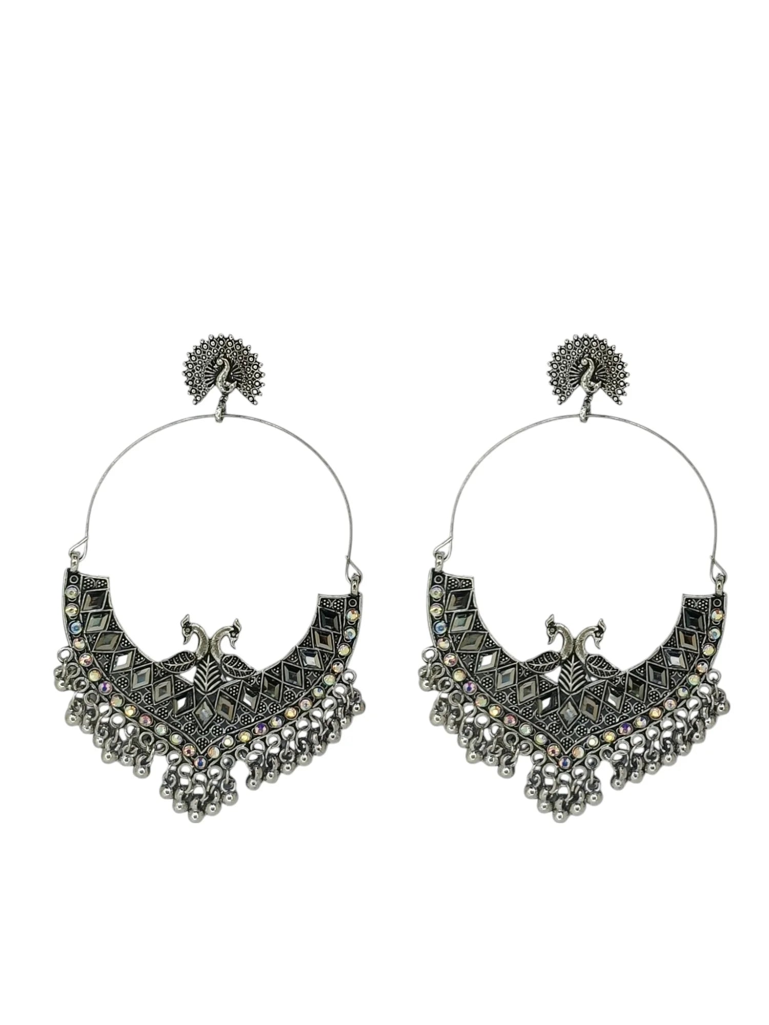 Silver Oxidized Peacock Mirror Drop Earrings