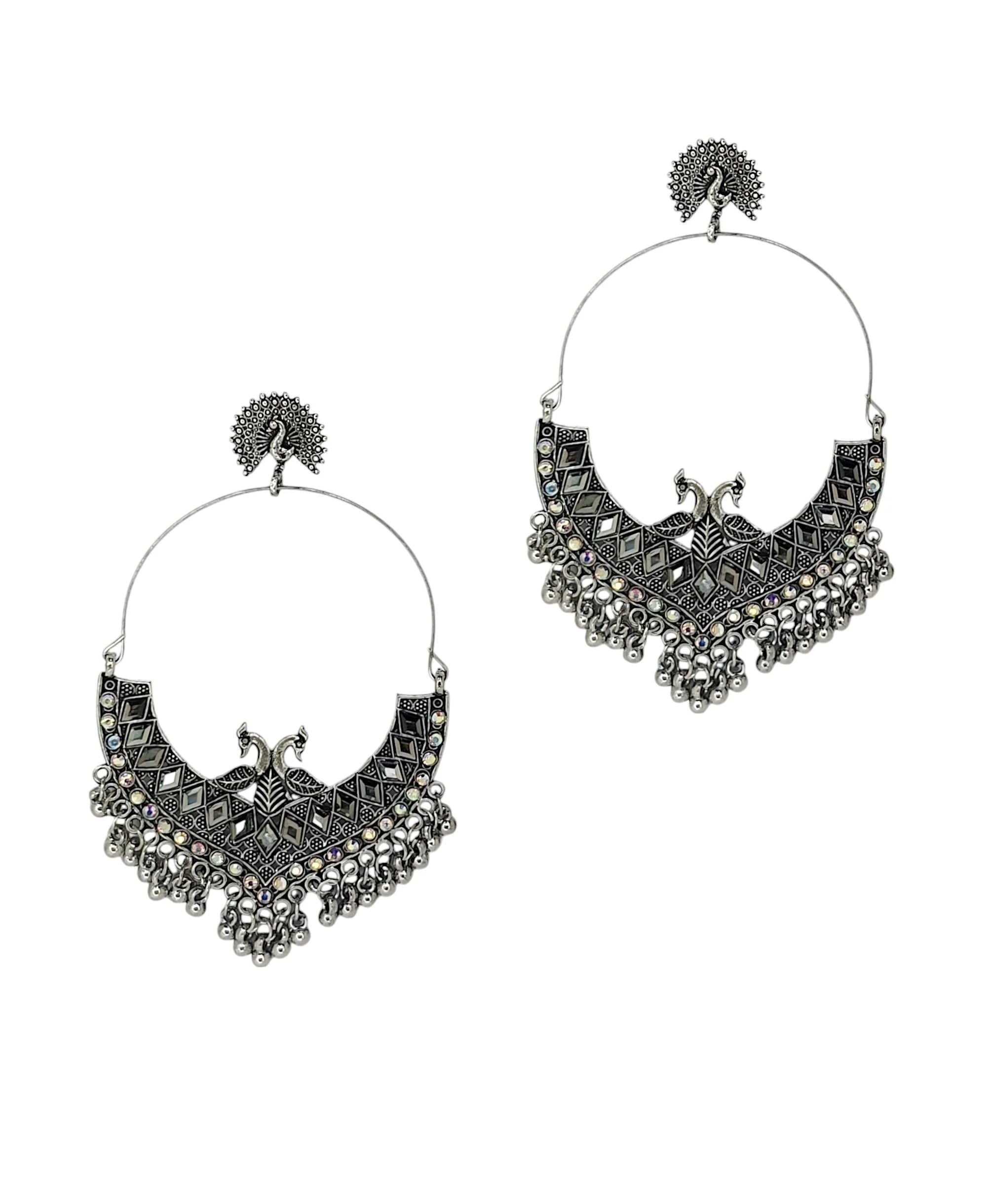 Silver Oxidized Peacock Mirror Drop Earrings