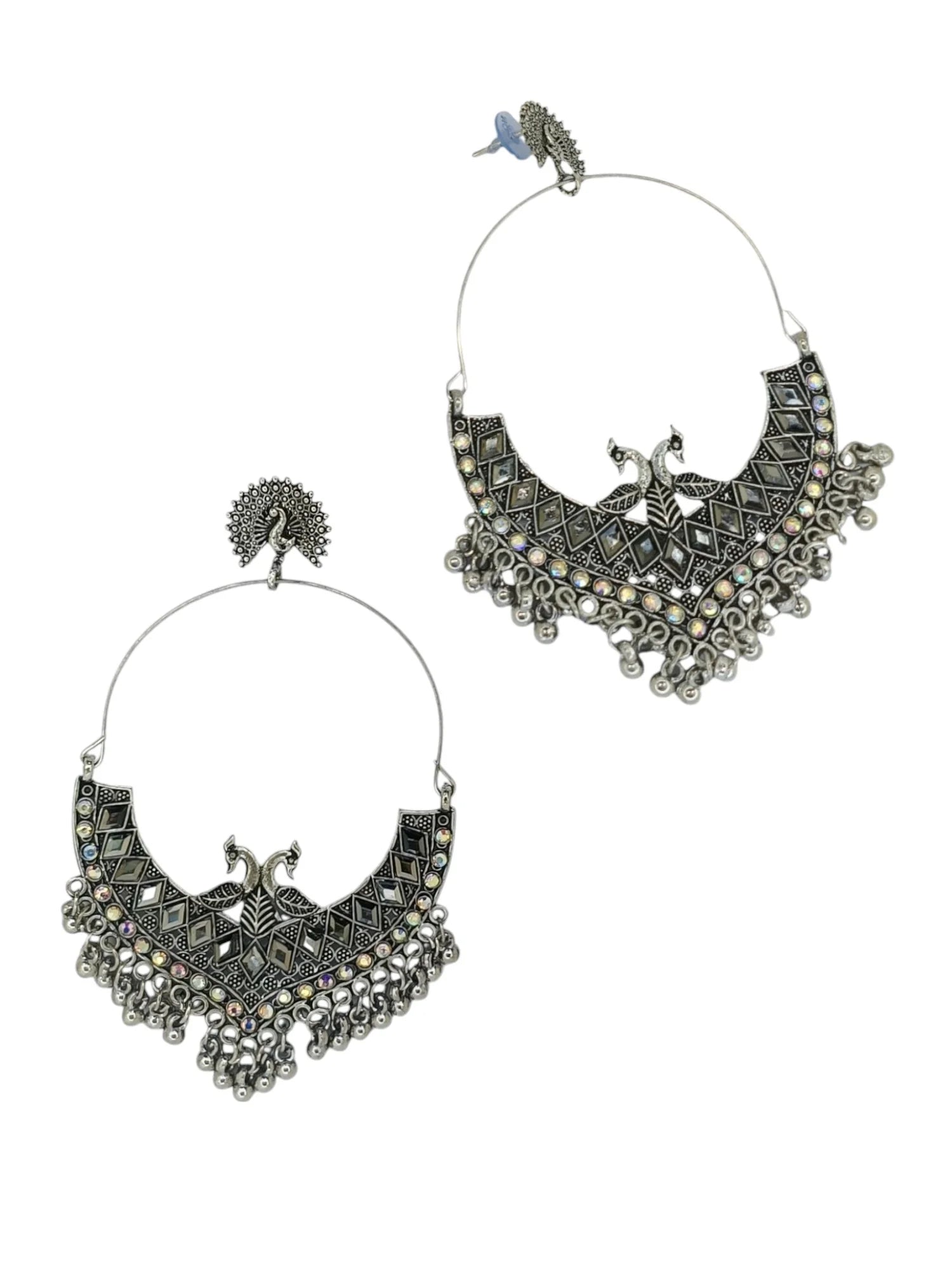 Silver Oxidized Peacock Mirror Drop Earrings