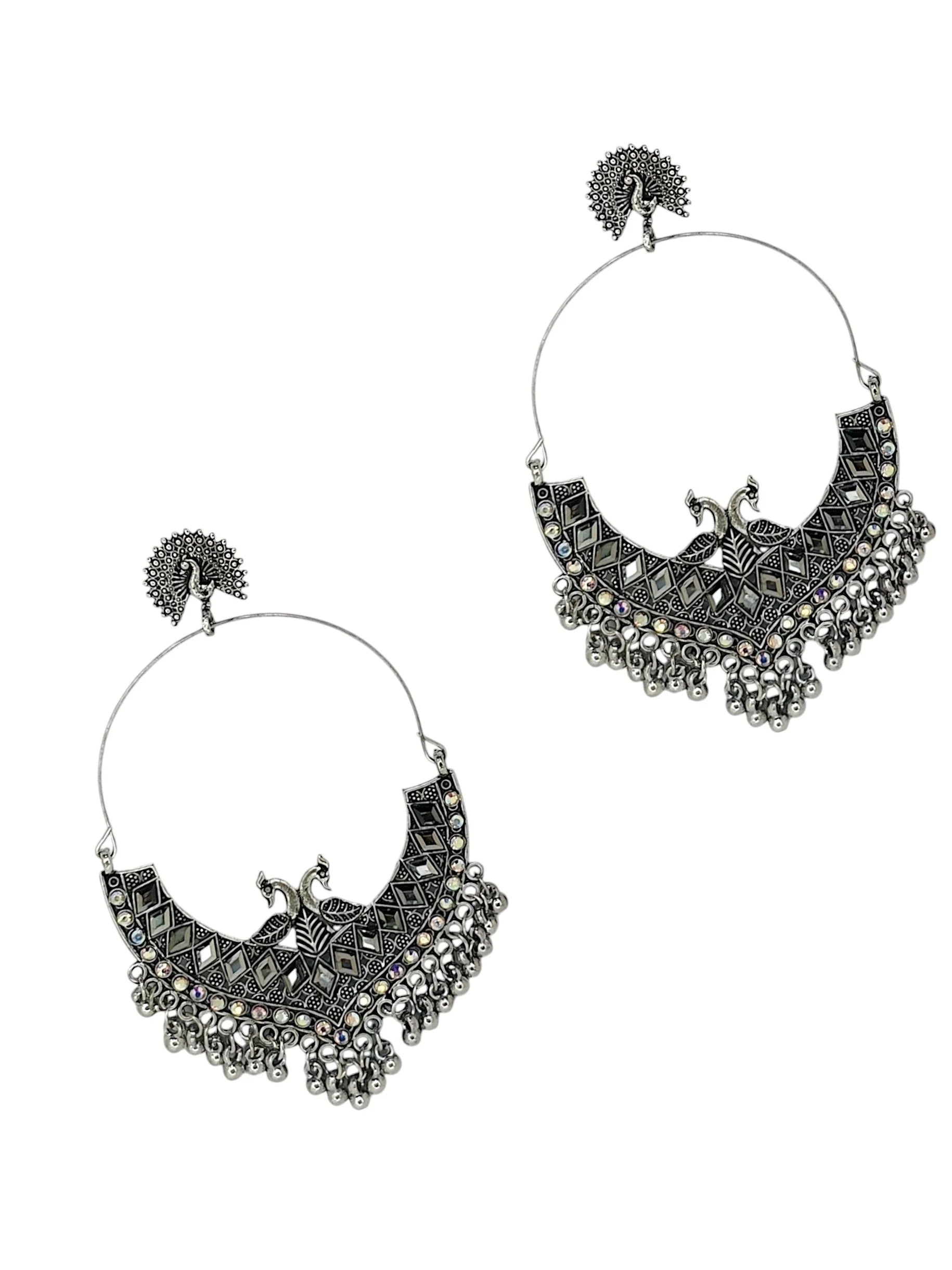 Silver Oxidized Peacock Mirror Drop Earrings