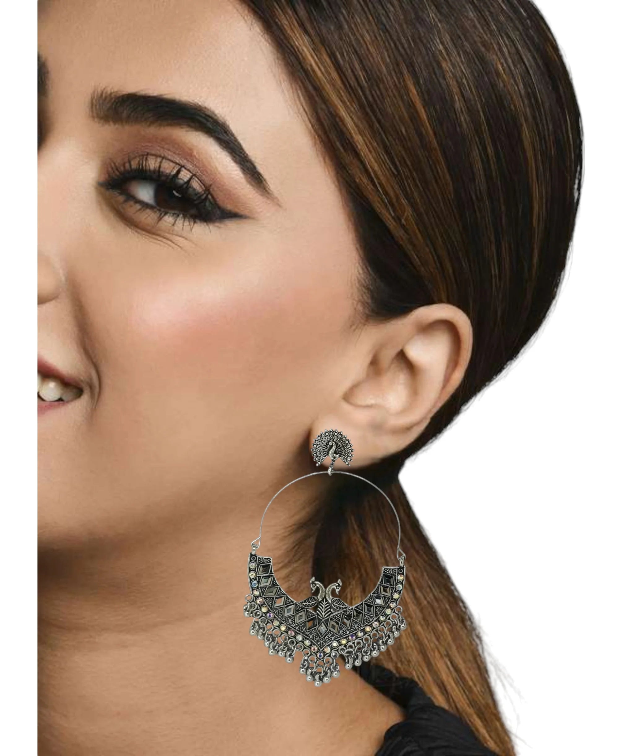 Silver Oxidized Peacock Mirror Drop Earrings