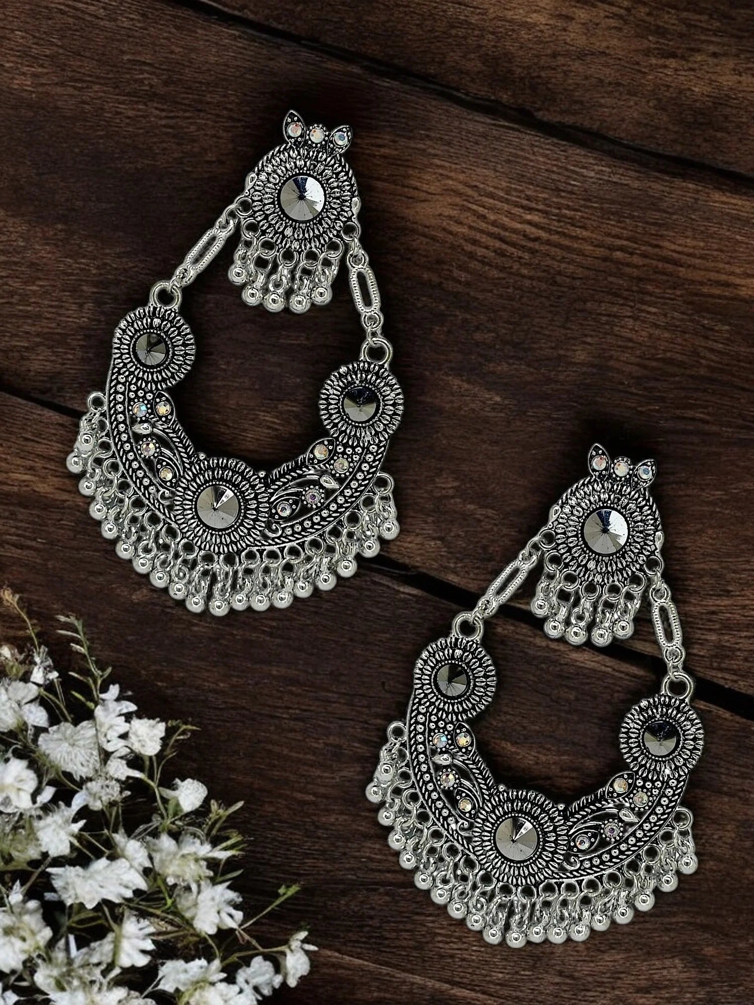 Silver Oxidized CZ Stone Drop Earrings