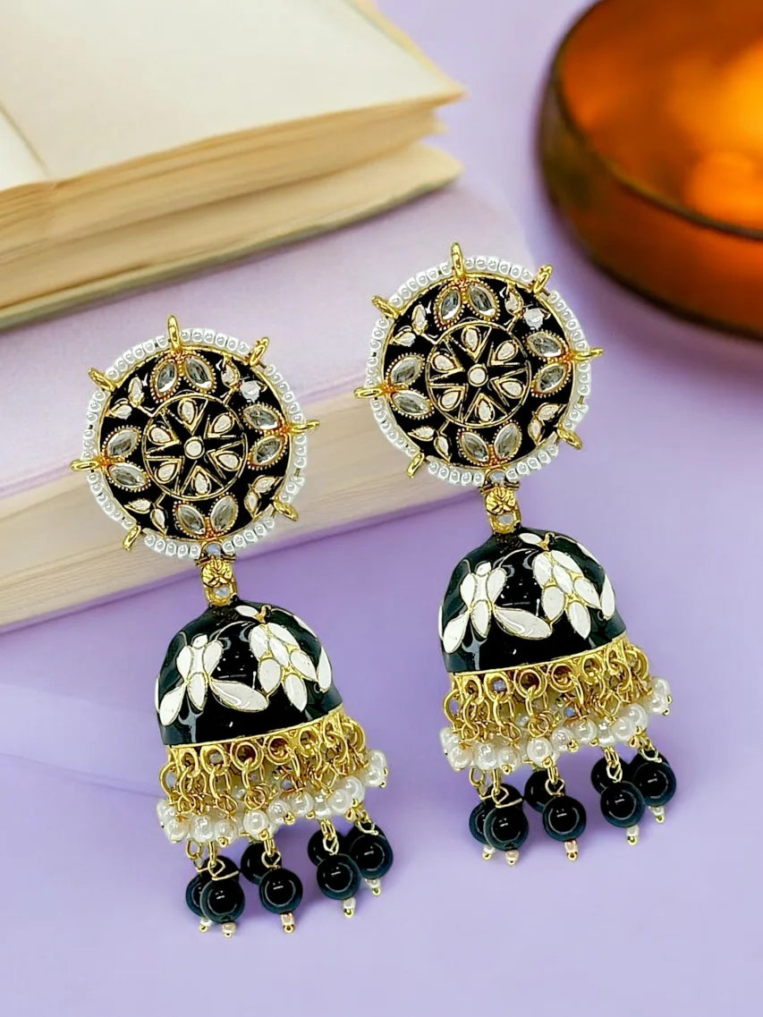 Black Meenakari Kundan Jhumka Earrings