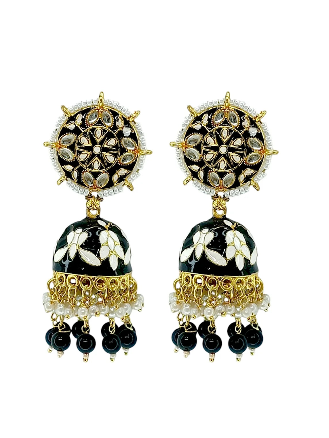 Black Meenakari Kundan Jhumka Earrings