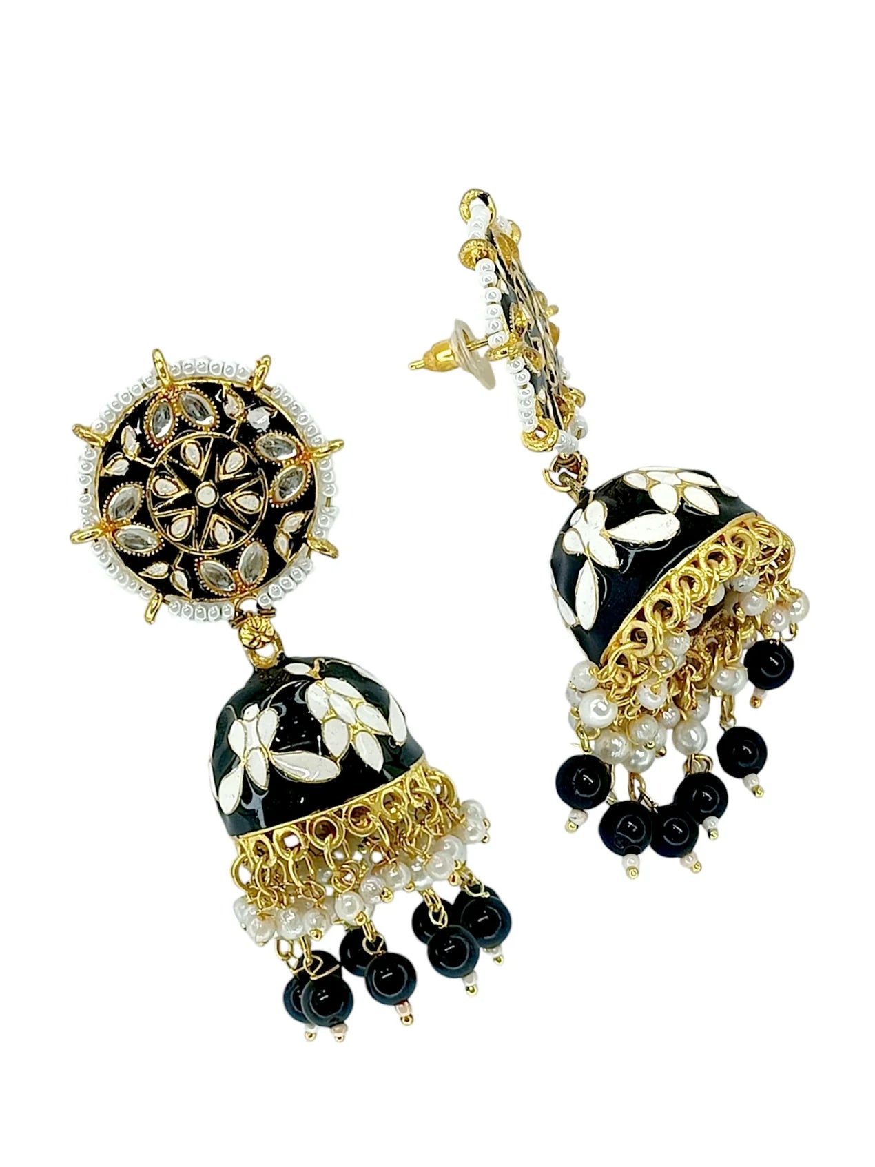 Black Meenakari Kundan Jhumka Earrings