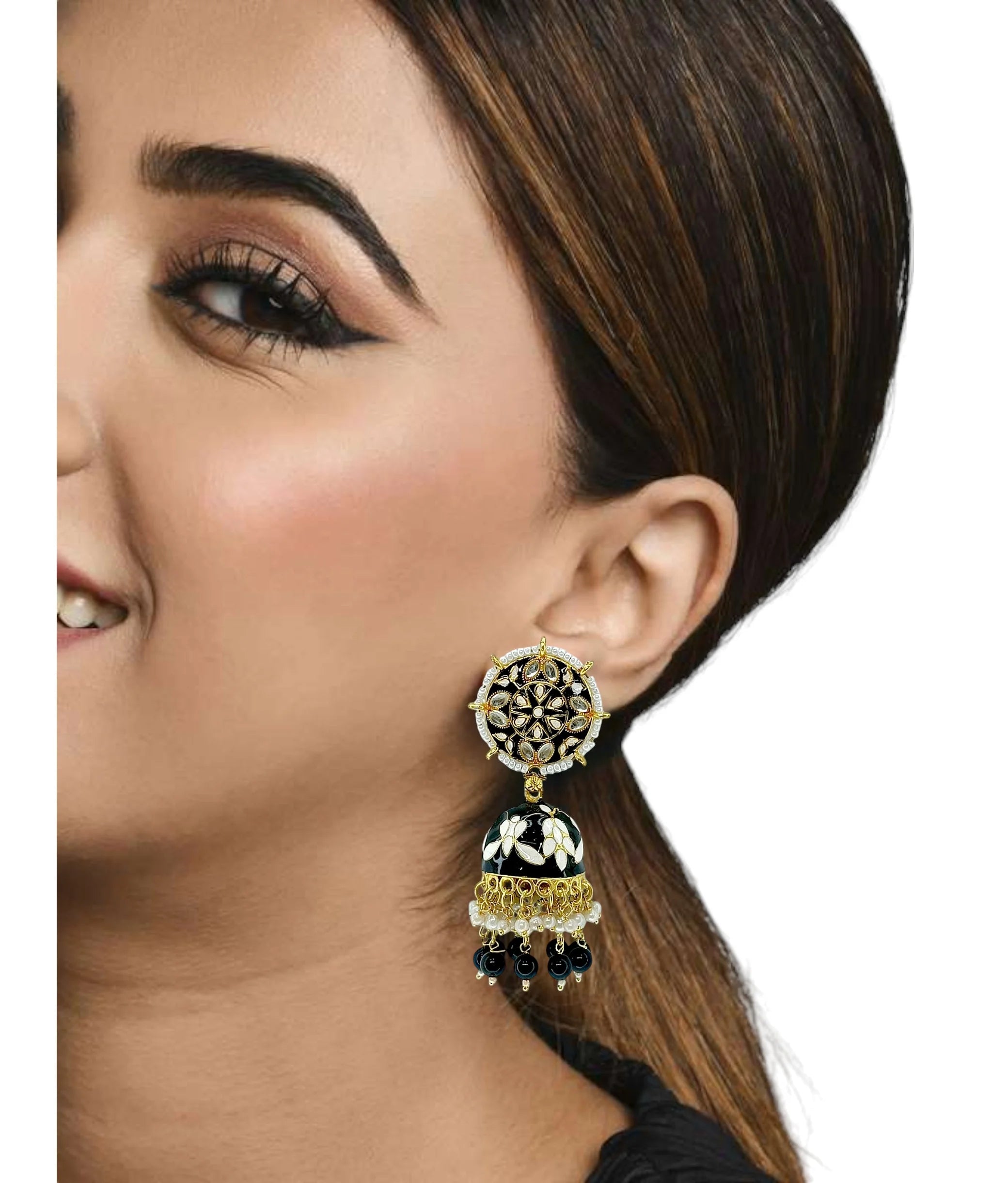 Black Meenakari Kundan Jhumka Earrings