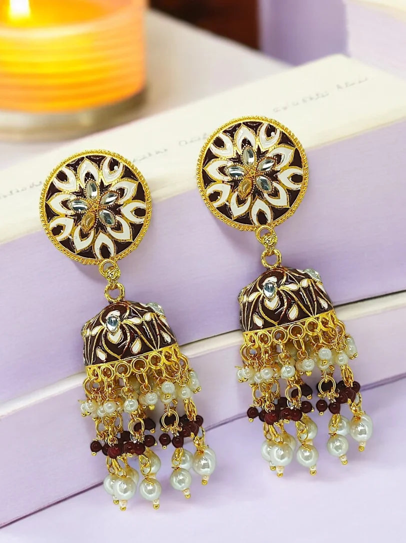 Maroon Meenakari Jhumka Earrings