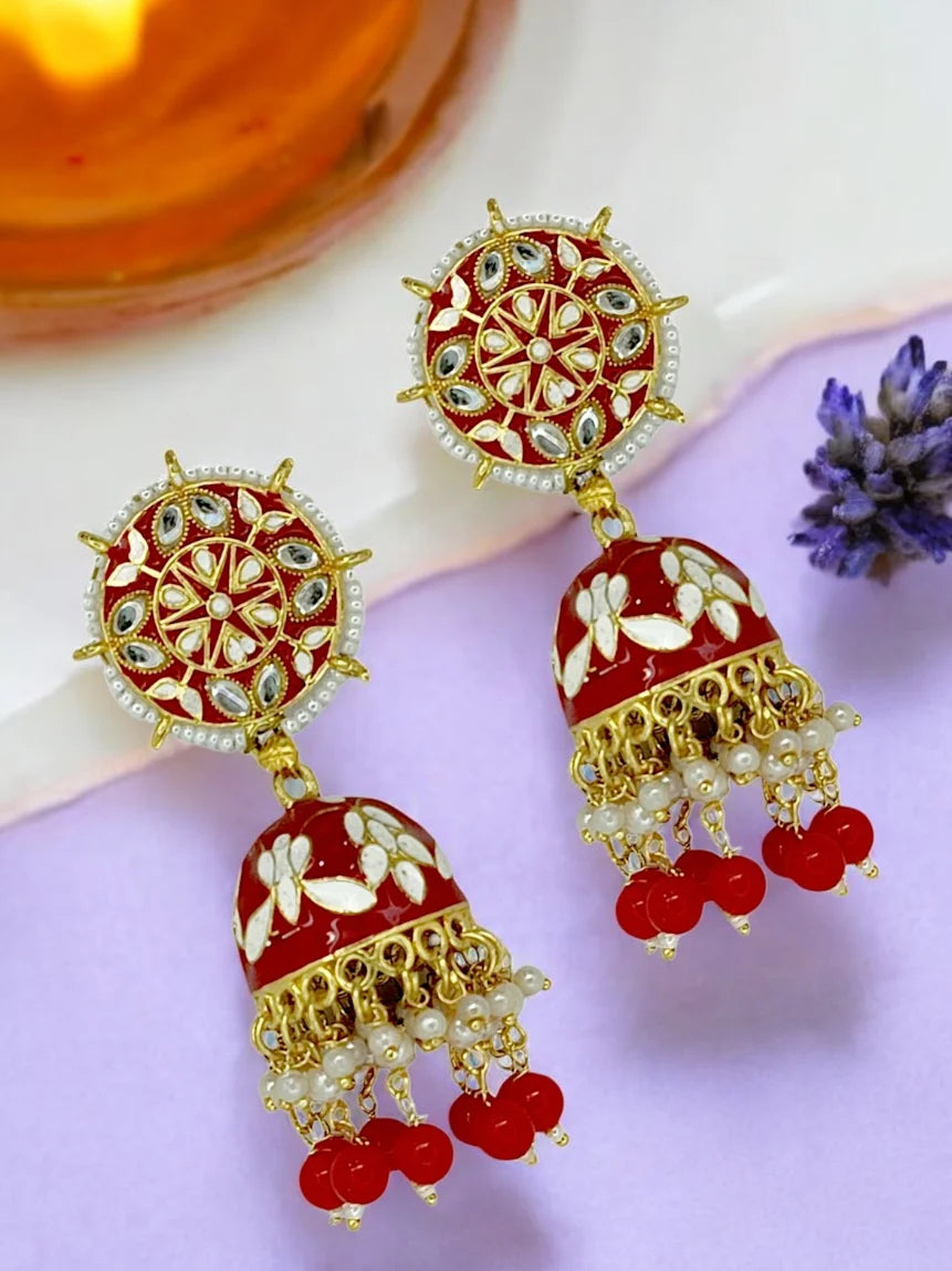 Red Meenakari Jhumka Earrings