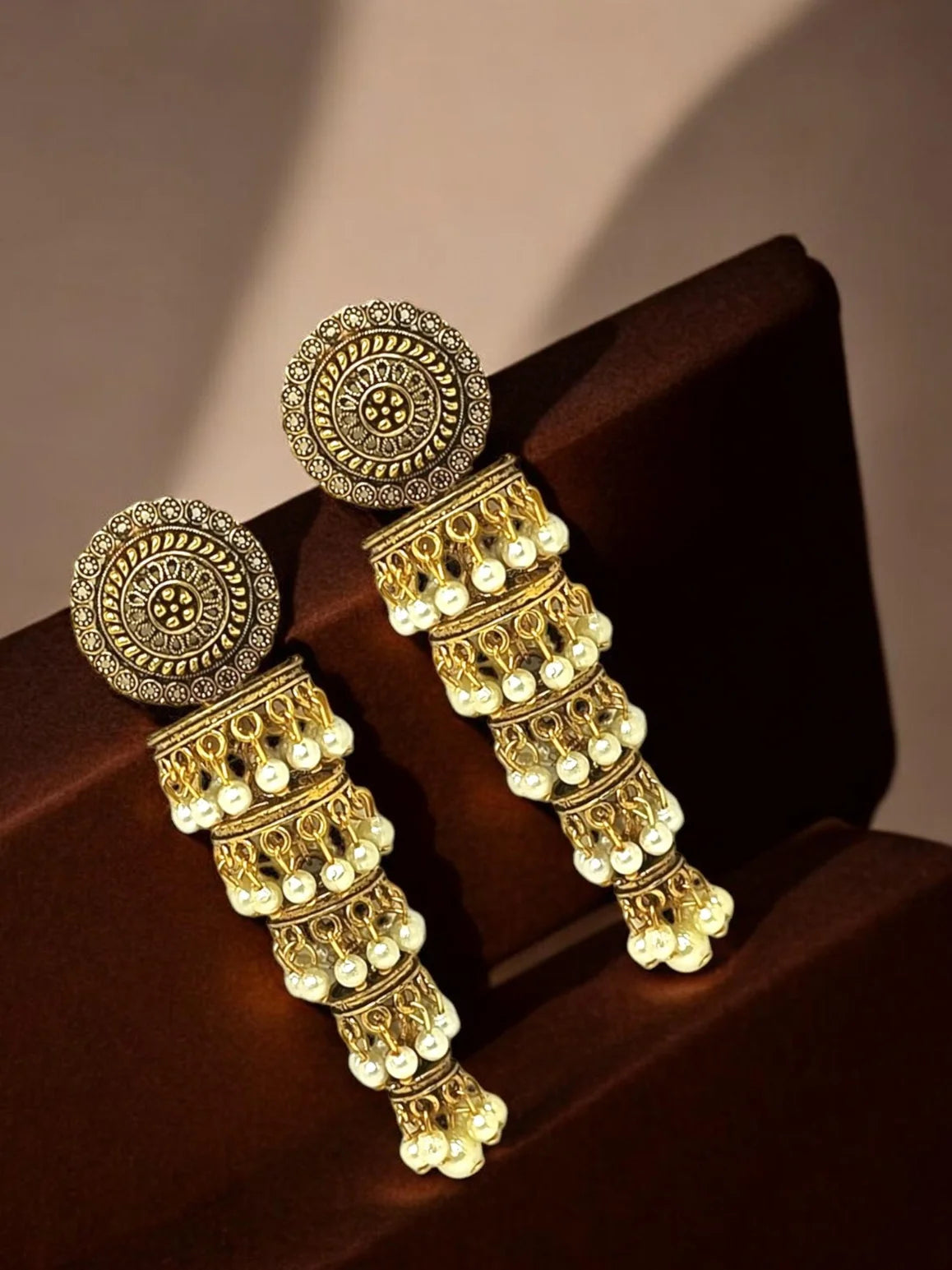 Antique Gold Plated Tiered Jhumka Earrings