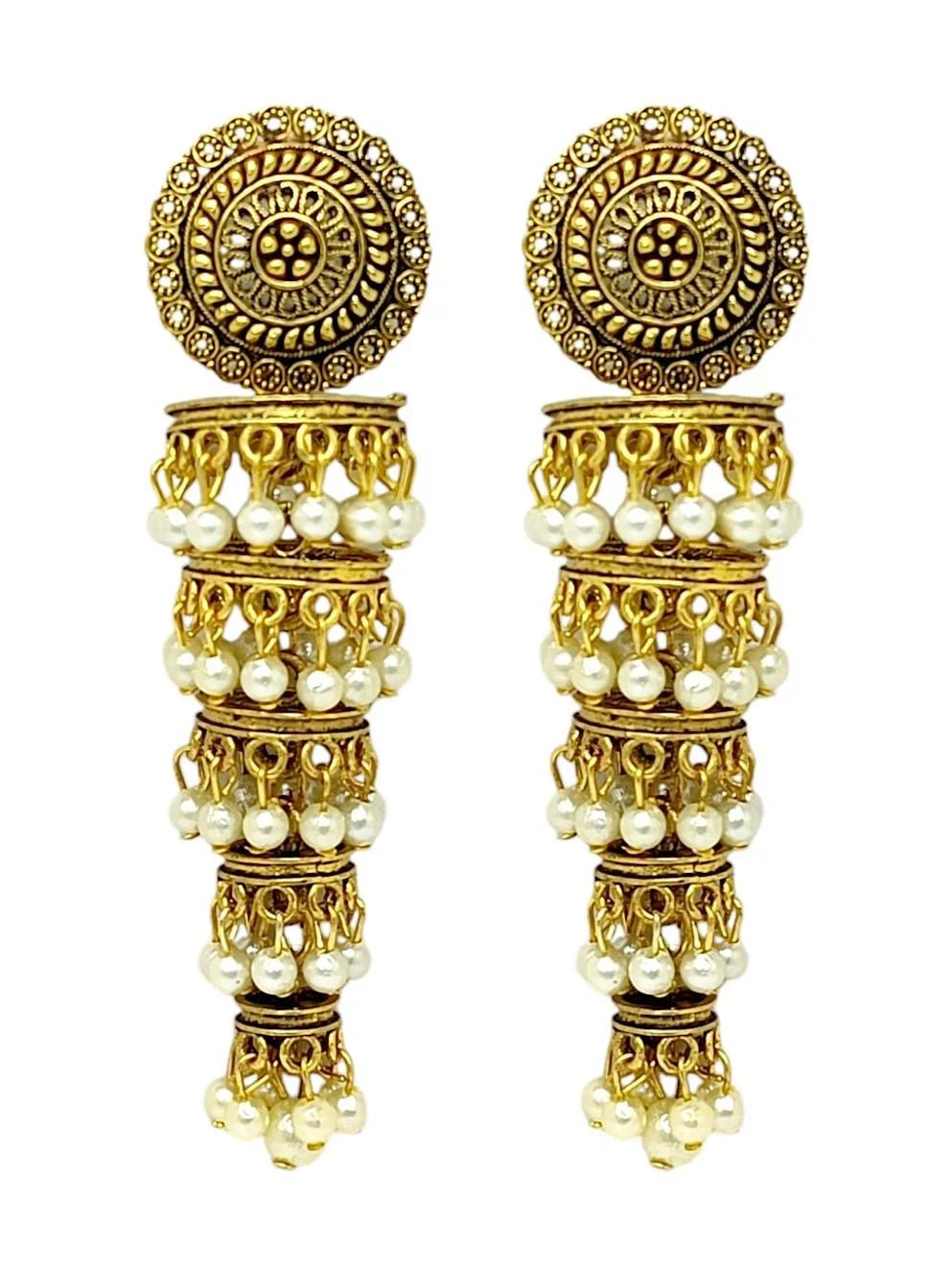 Antique Gold Plated Tiered Jhumka Earrings