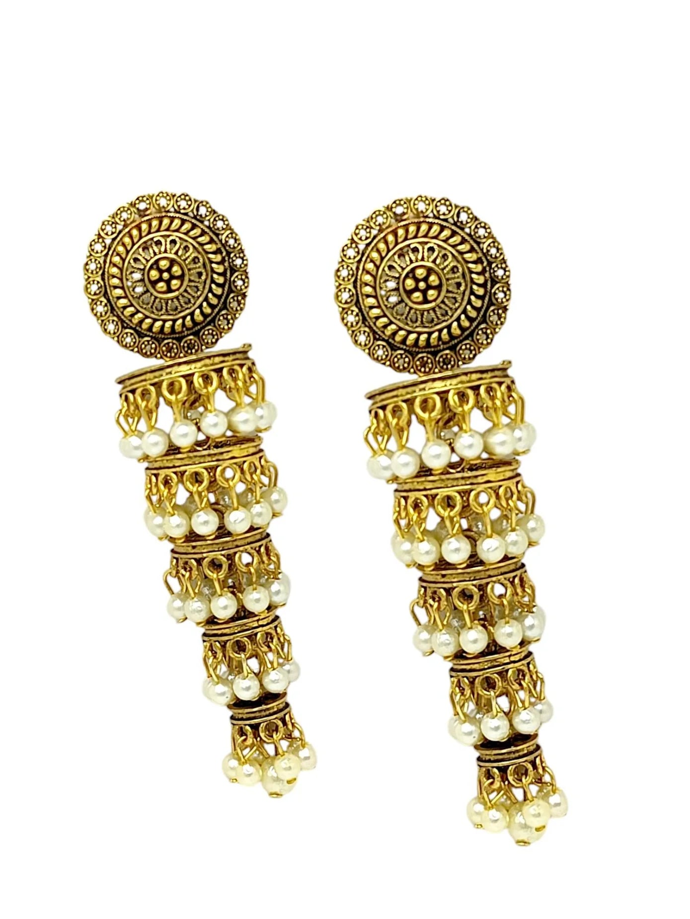 Antique Gold Plated Tiered Jhumka Earrings