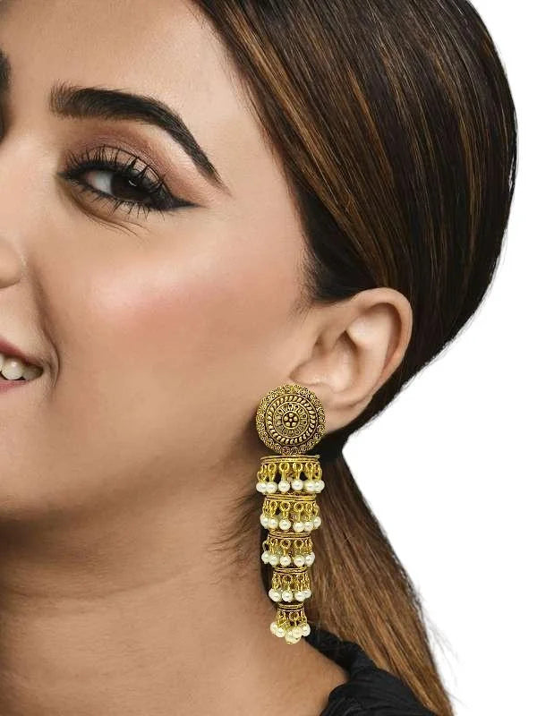 Antique Gold Plated Tiered Jhumka Earrings