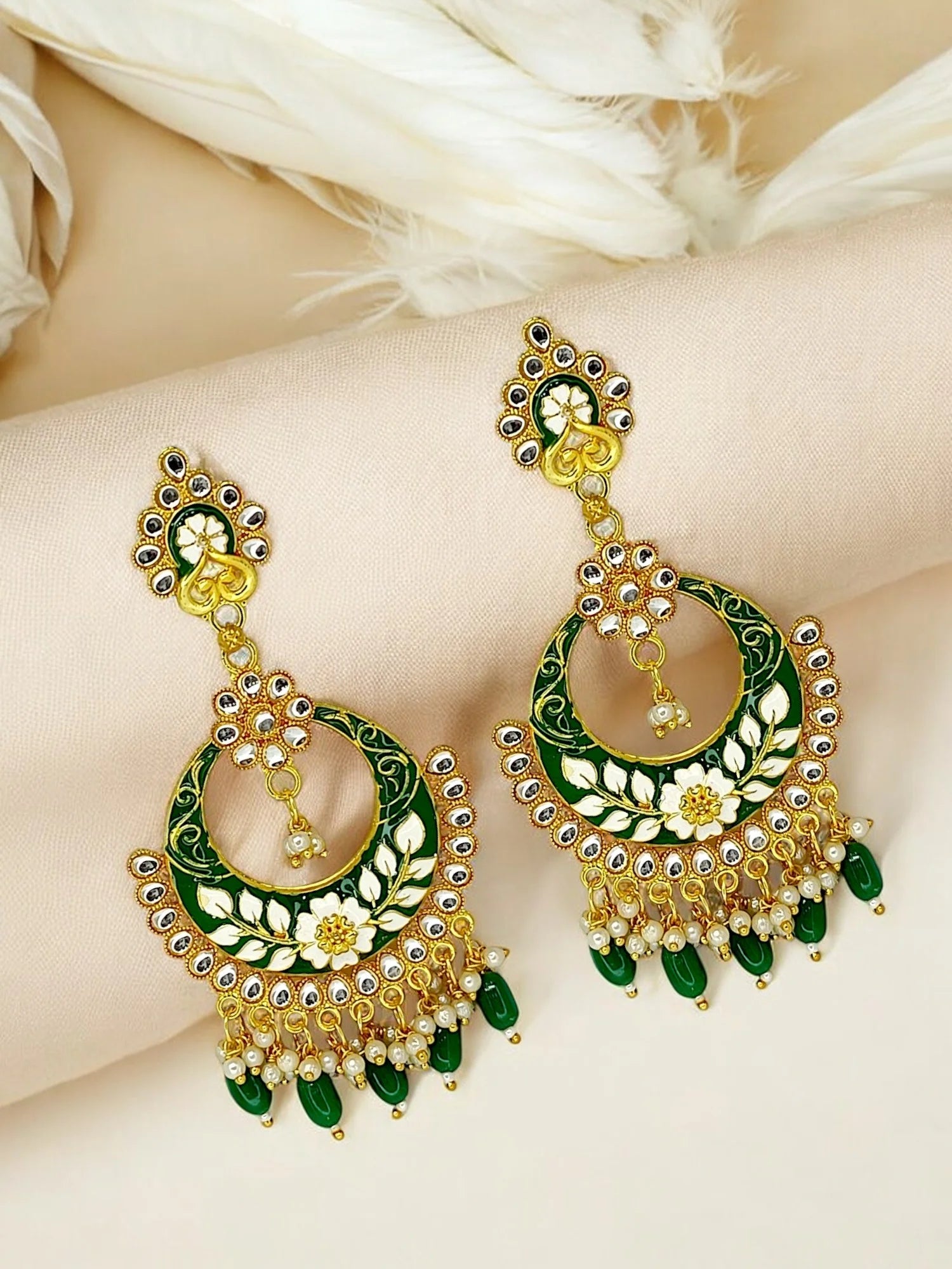 Green Meenakari Chandbali Earrings