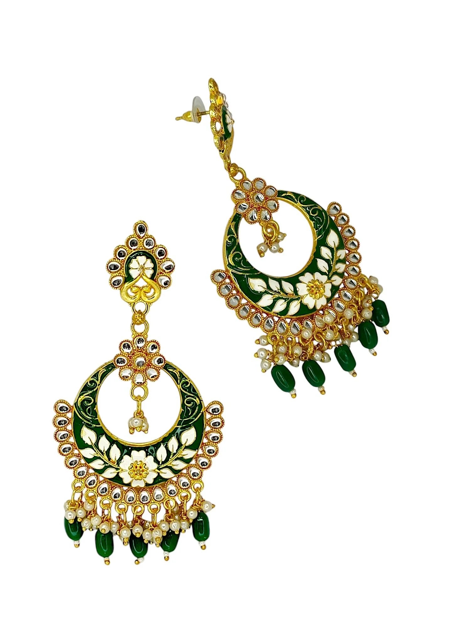 Green Meenakari Chandbali Earrings