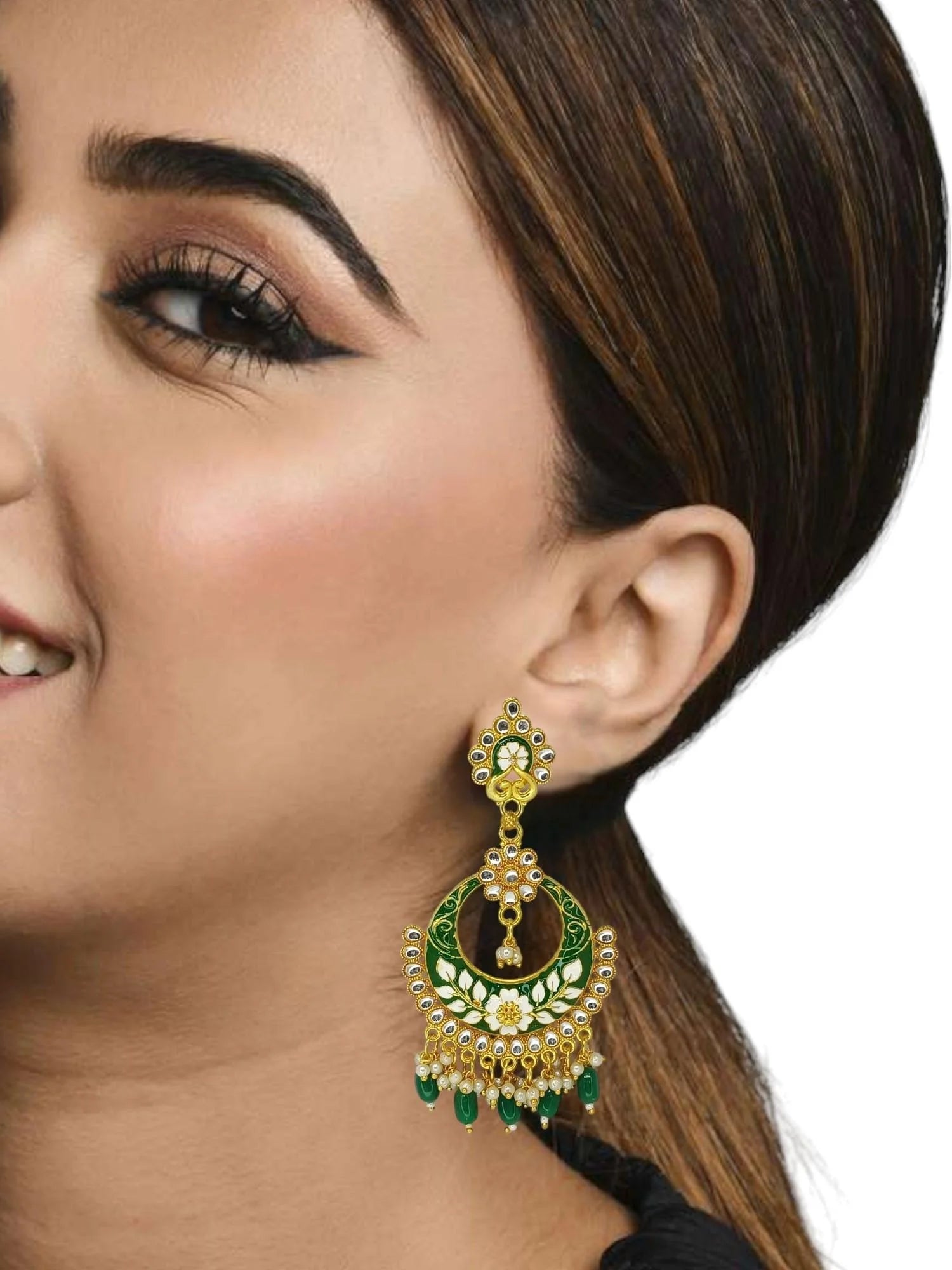 Green Meenakari Chandbali Earrings