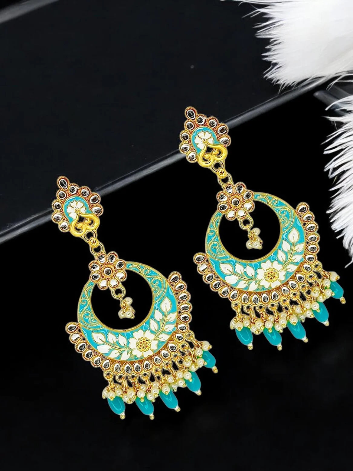 Sky Blue Meenakari Chandbali Earrings