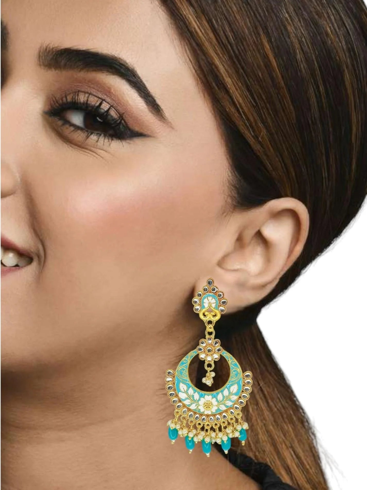Sky Blue Meenakari Chandbali Earrings