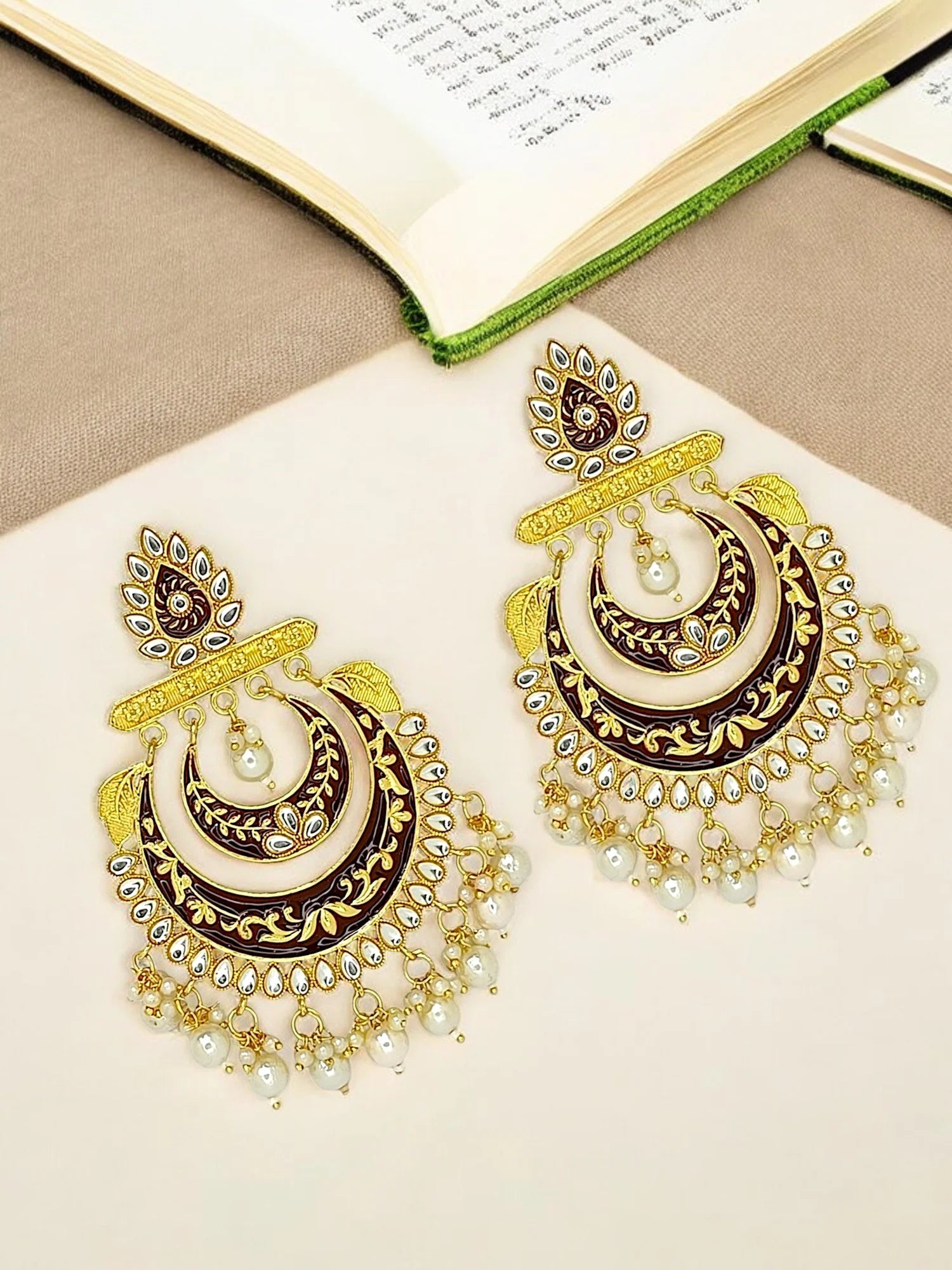 Brown Meenakari Chandbali Earrings