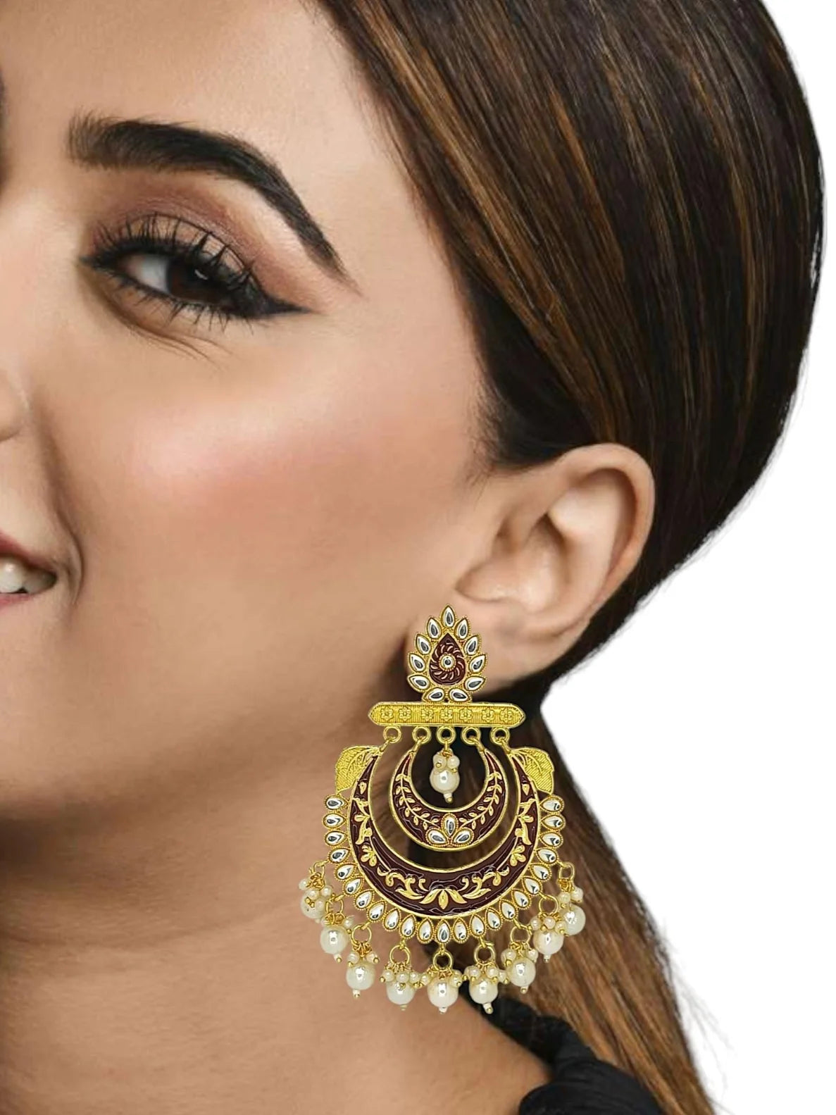 Brown Meenakari Chandbali Earrings