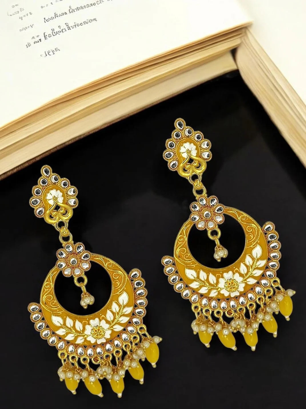 Yellow Meenakari Chandbali Earrings
