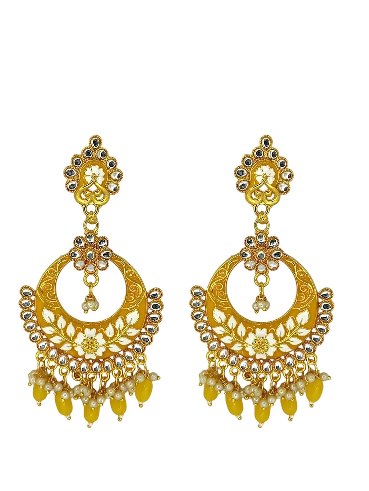 Yellow Meenakari Chandbali Earrings