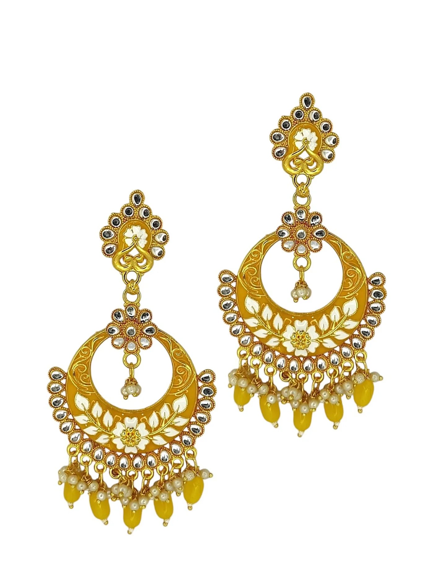 Yellow Meenakari Chandbali Earrings