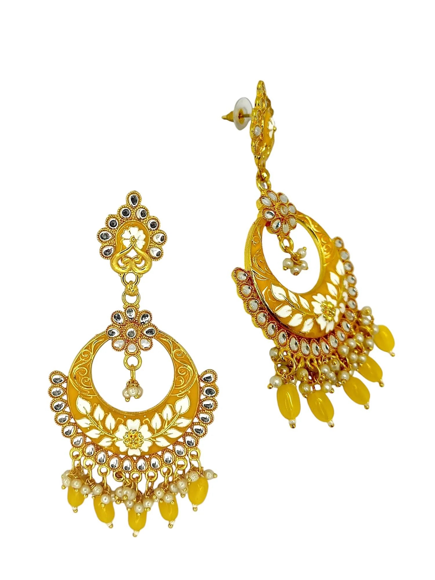 Yellow Meenakari Chandbali Earrings