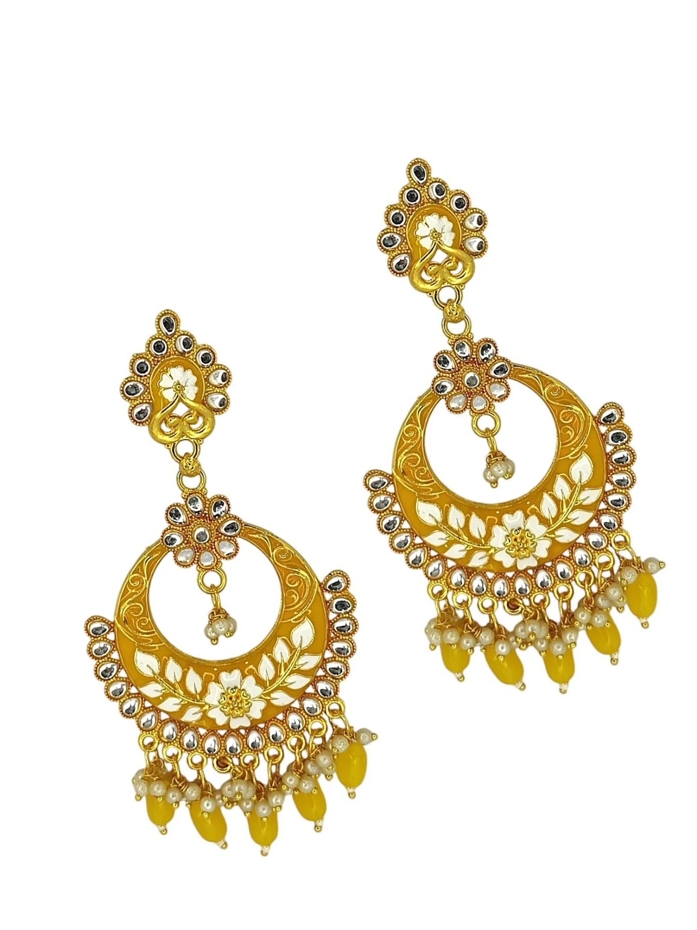 Yellow Meenakari Chandbali Earrings