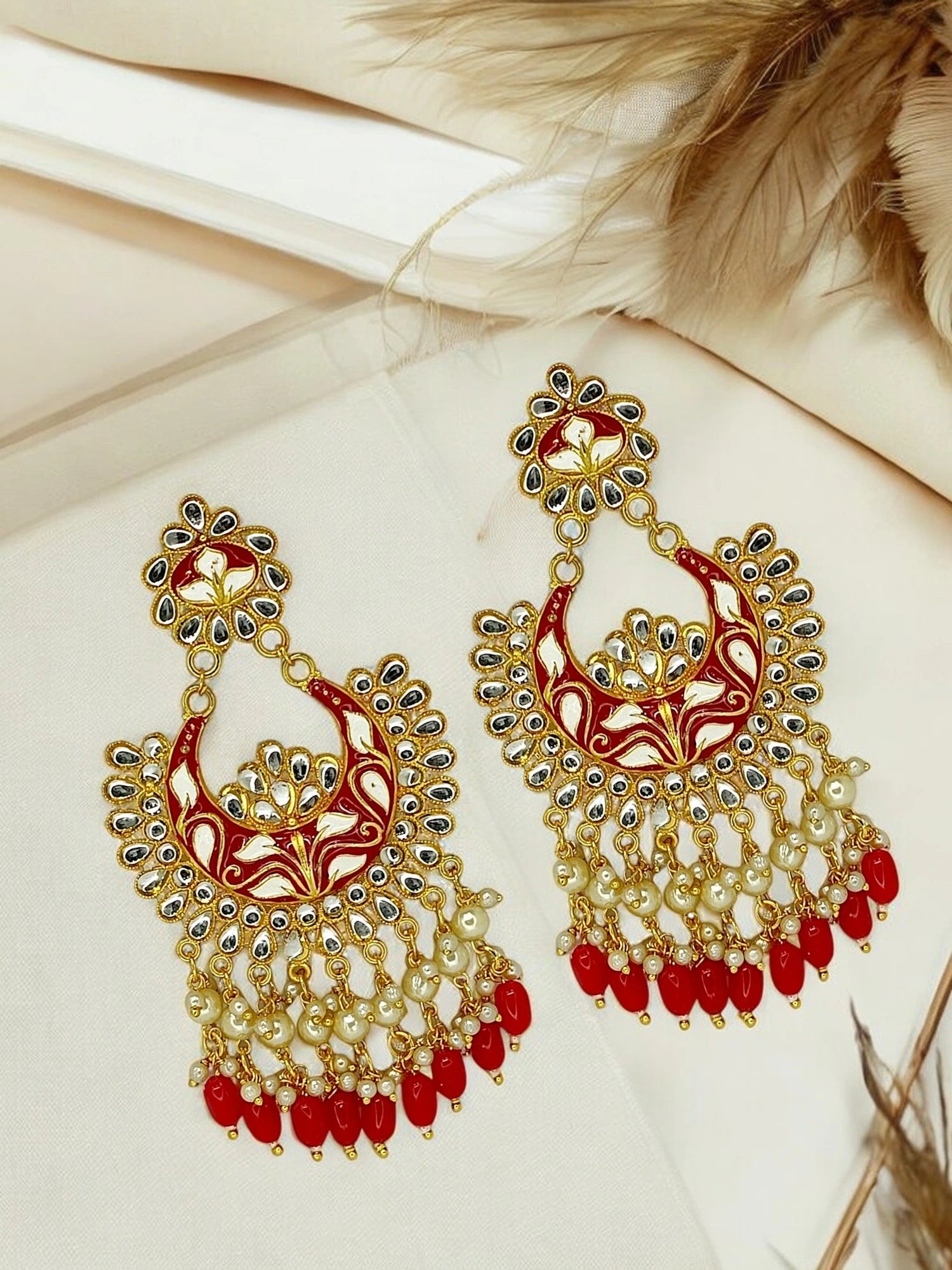 Red Meenakari Chandbali Earrings