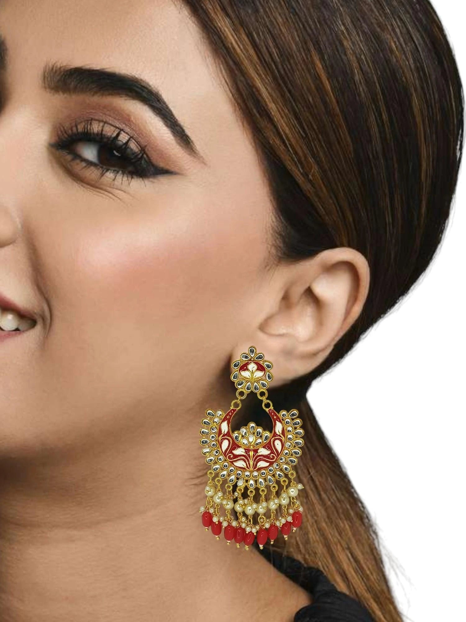 Red Meenakari Chandbali Earrings