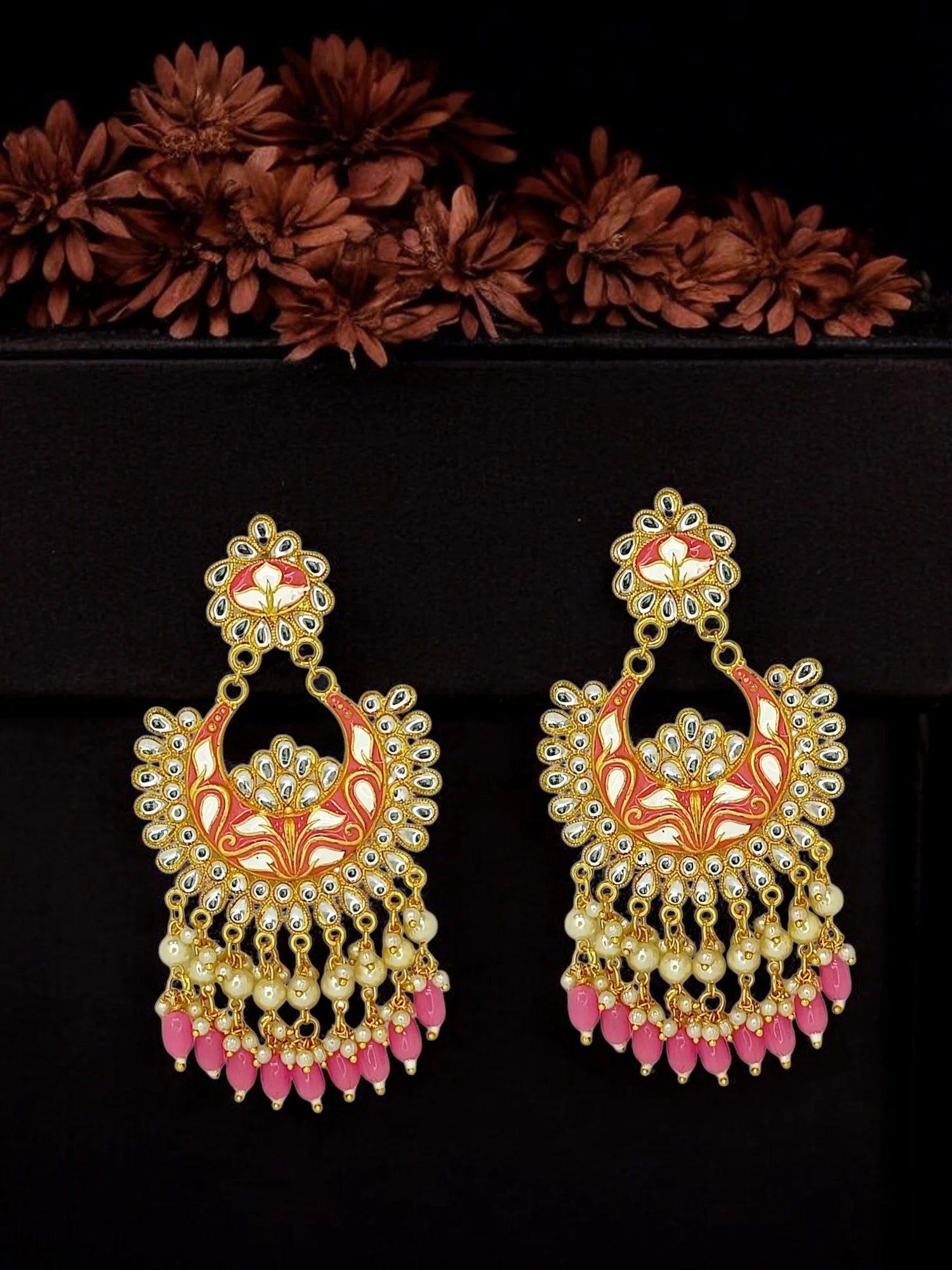 Baby Pink Meenakari Chandbali Earrings