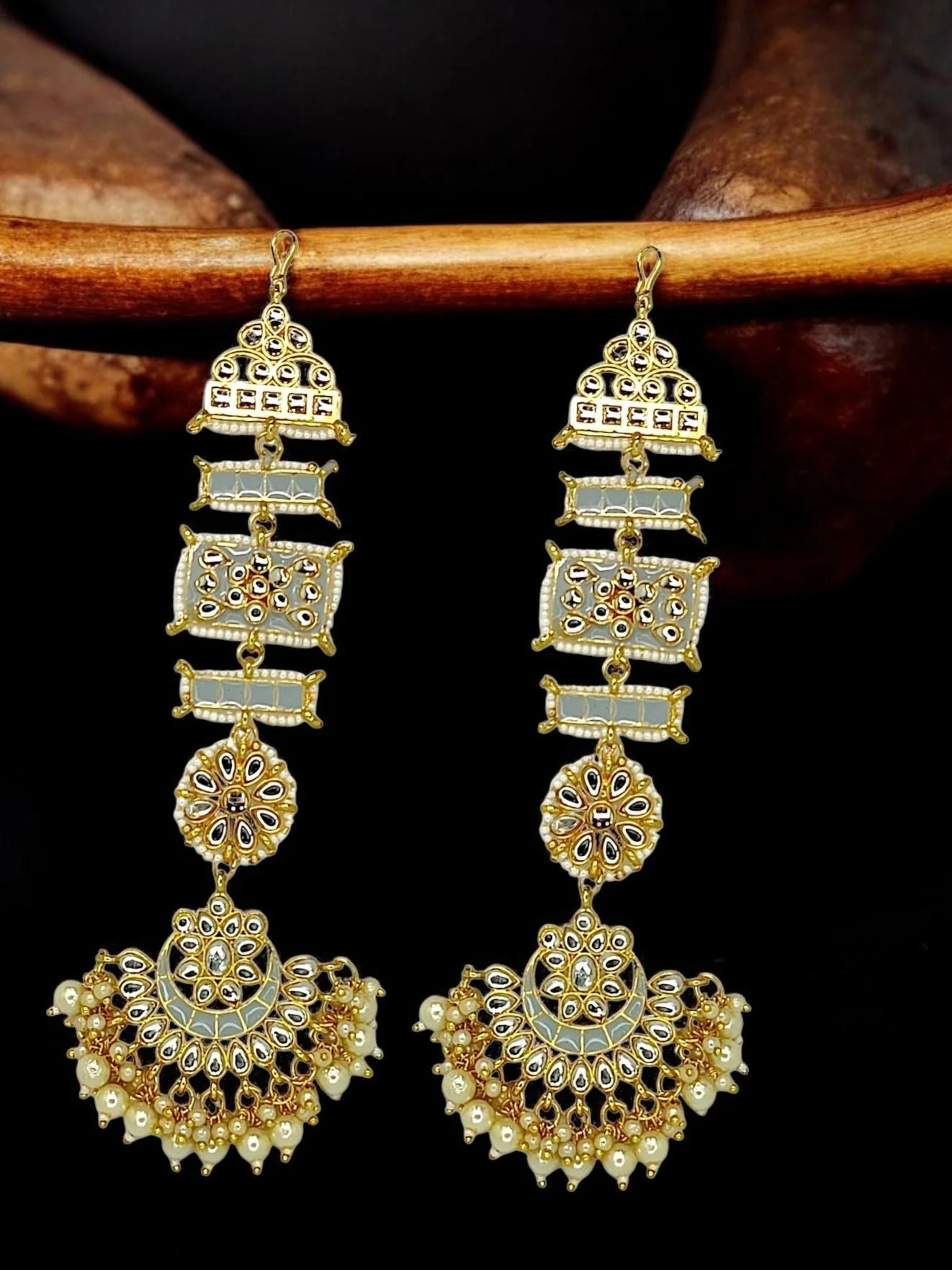Grey Kundan Long Earrings