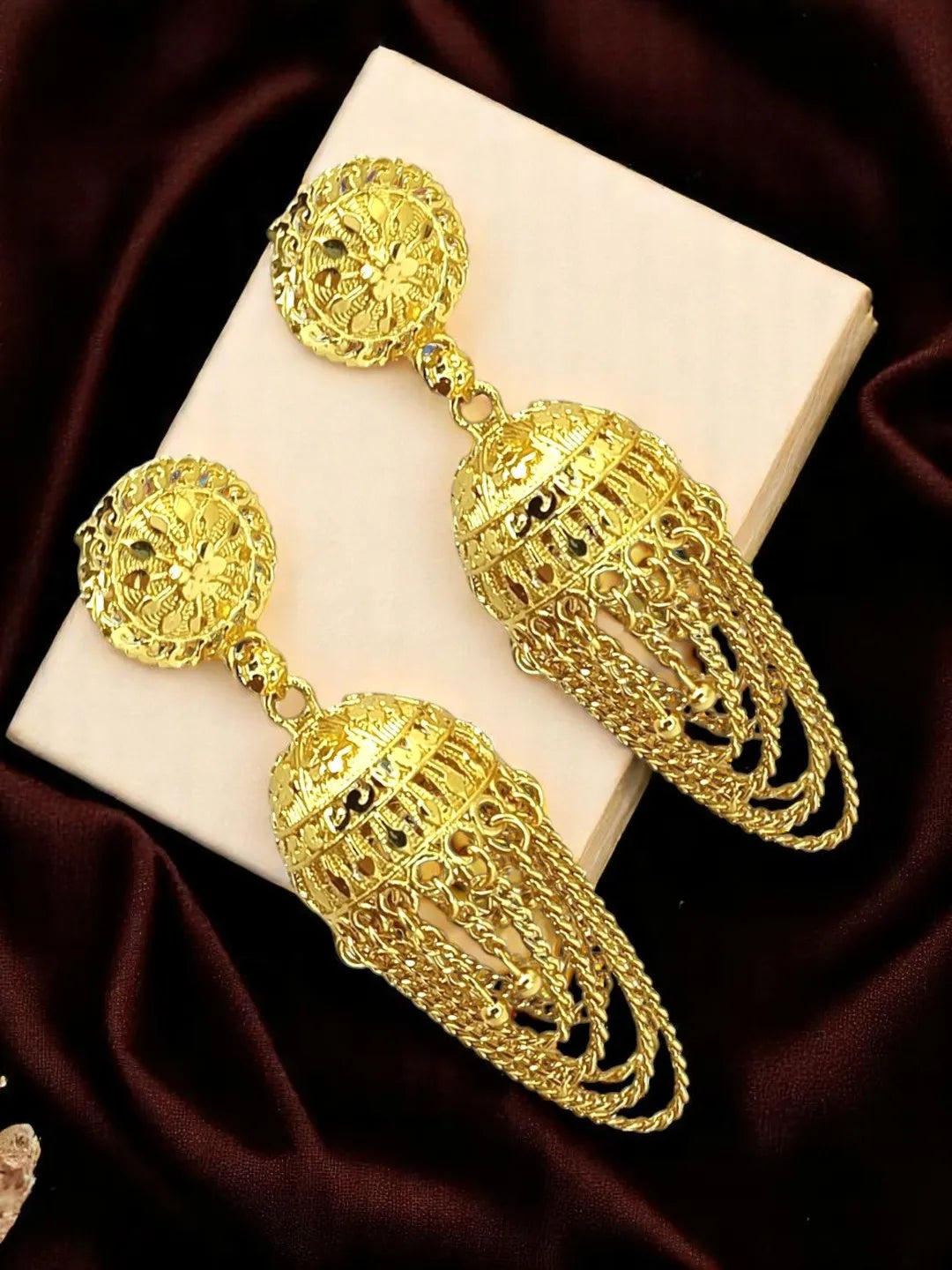 Gold Plated Ornate Layered Jhumka Earrings