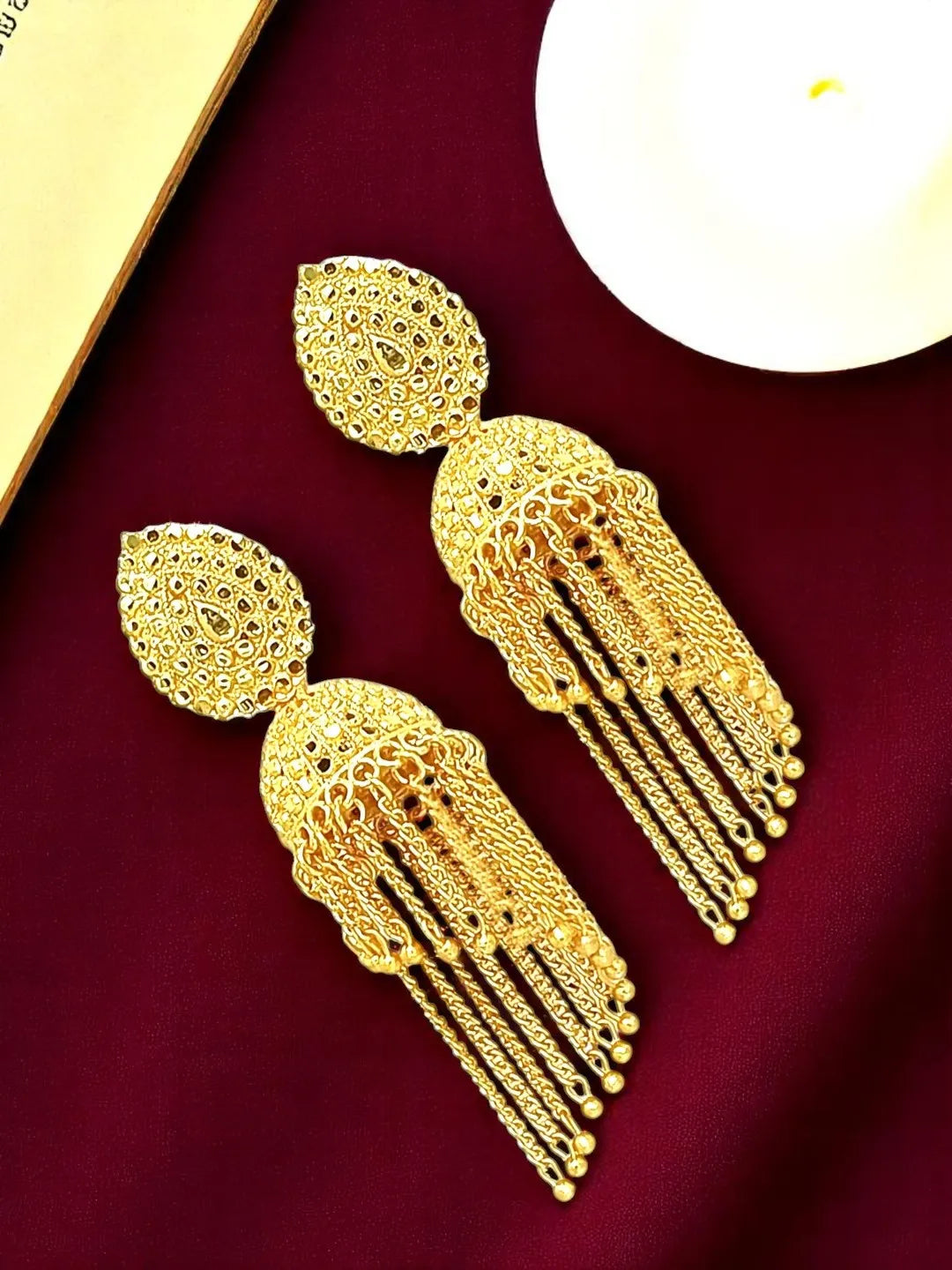 Gold Plated Layered Tasseled Jhumka Earrings