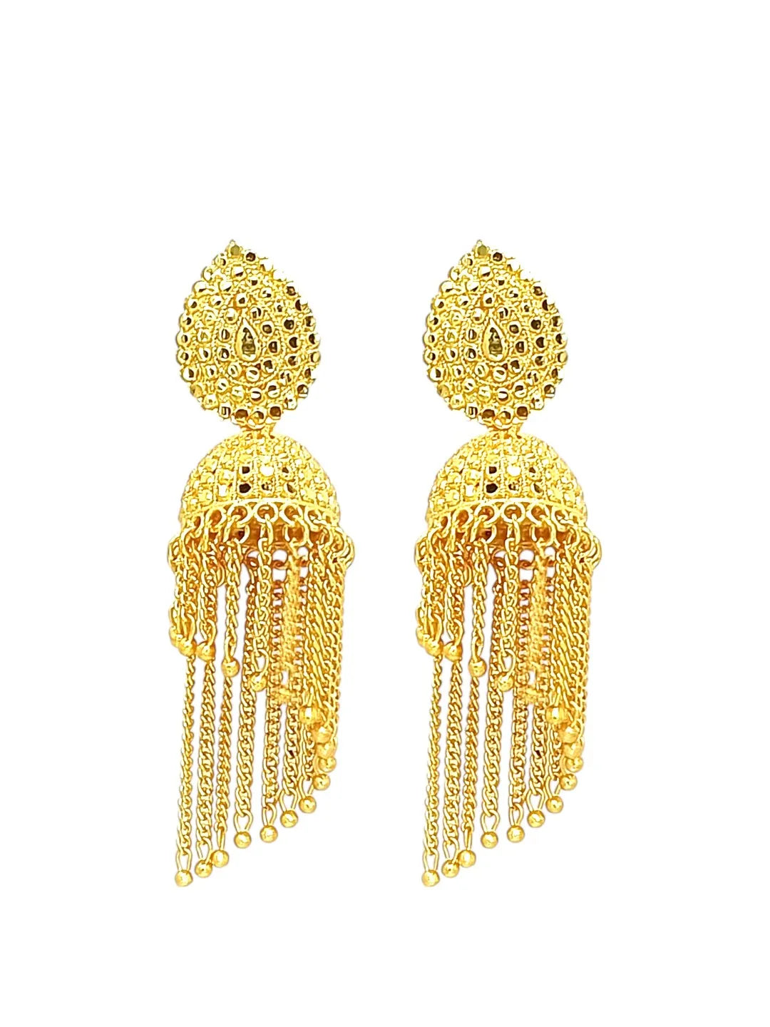 Gold Plated Layered Tasseled Jhumka Earrings