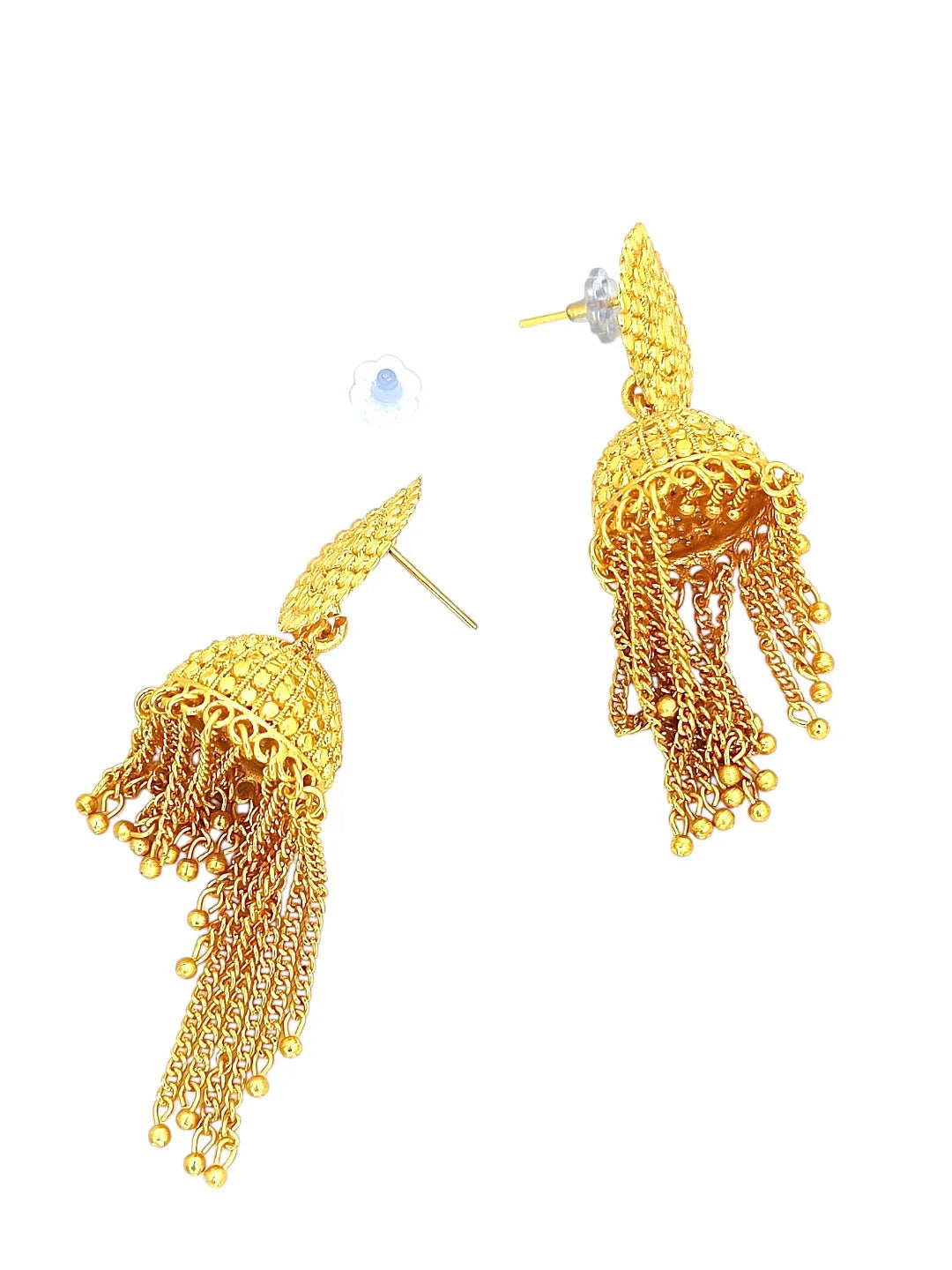Gold Plated Layered Tasseled Jhumka Earrings