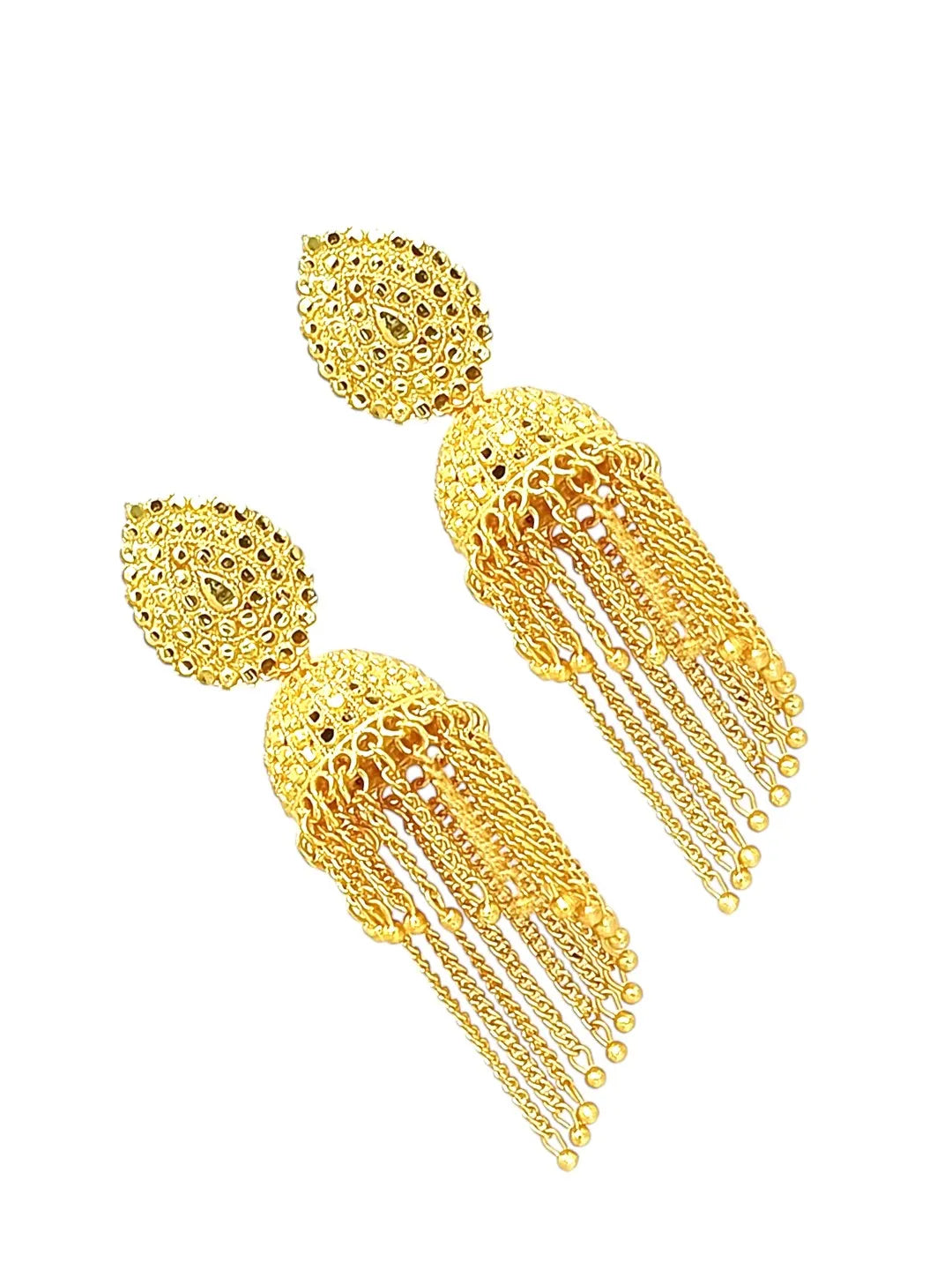 Gold Plated Layered Tasseled Jhumka Earrings