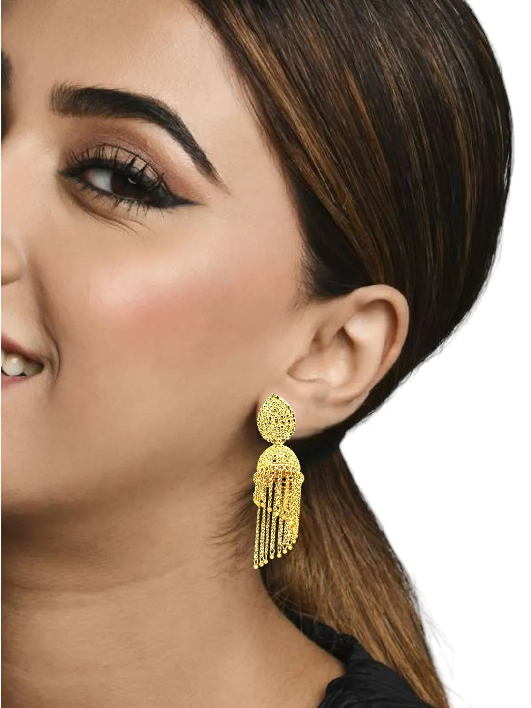 Gold Plated Layered Tasseled Jhumka Earrings