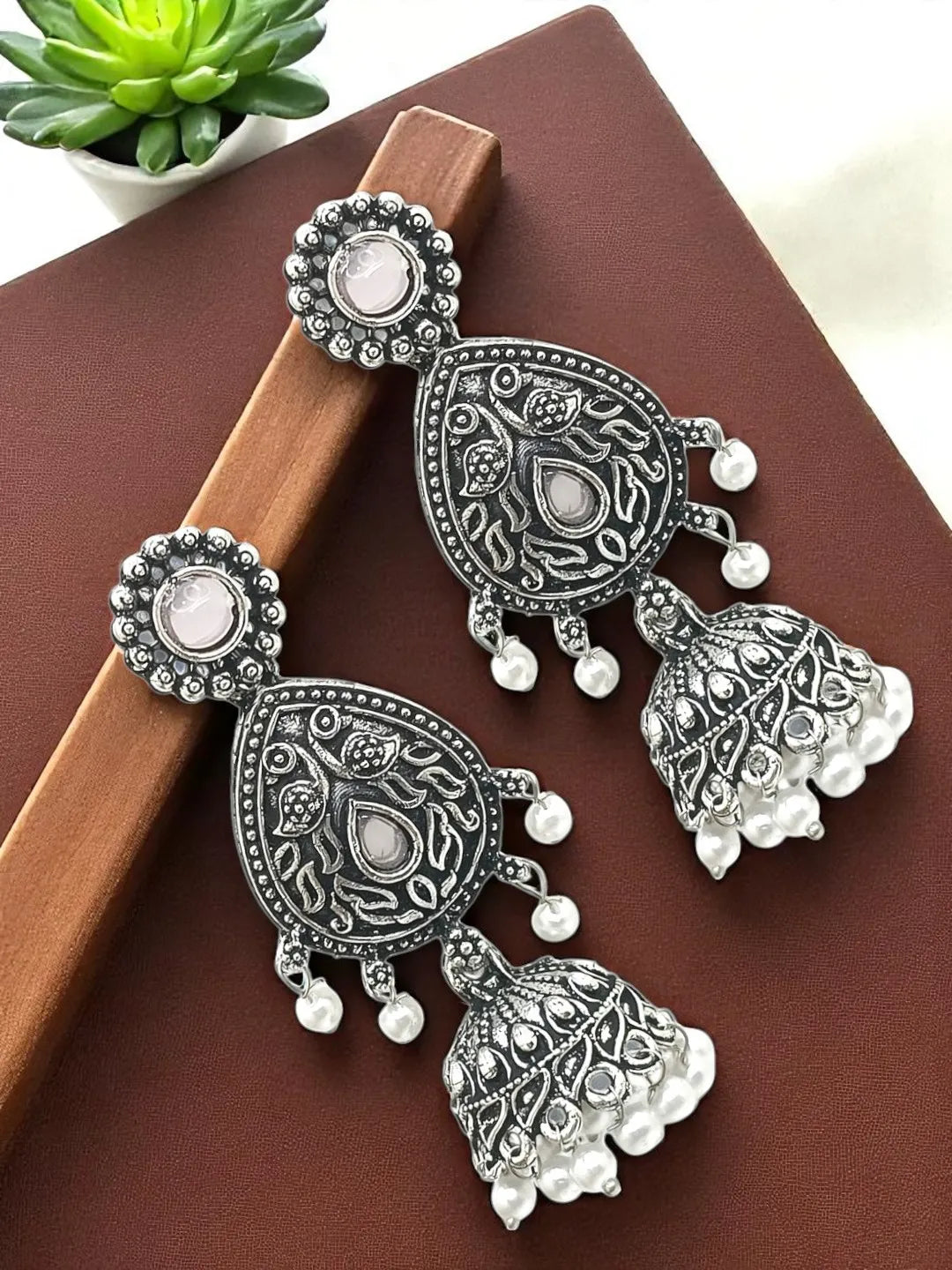 Silver Plated Jhumka with Pink stone Studded