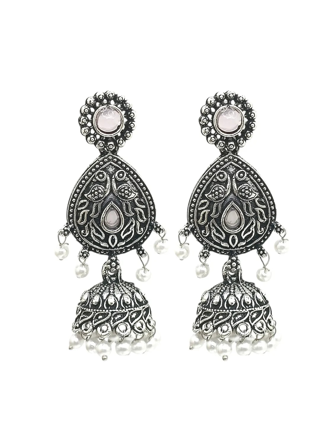 Silver Plated Jhumka with Pink stone Studded