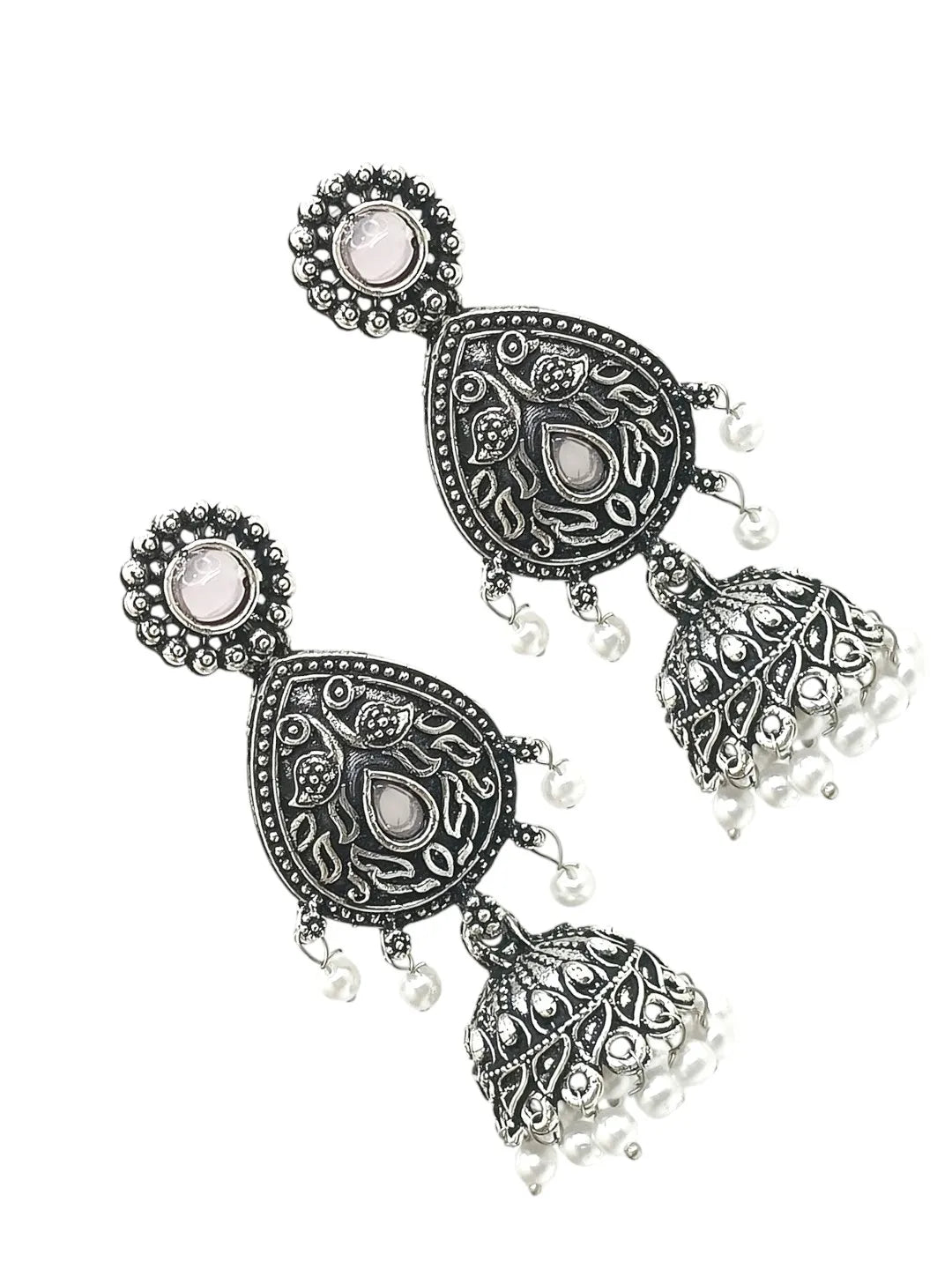 Silver Plated Jhumka with Pink stone Studded