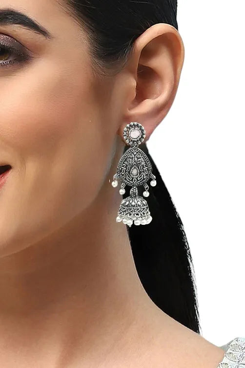 Silver Plated Jhumka with Pink stone Studded