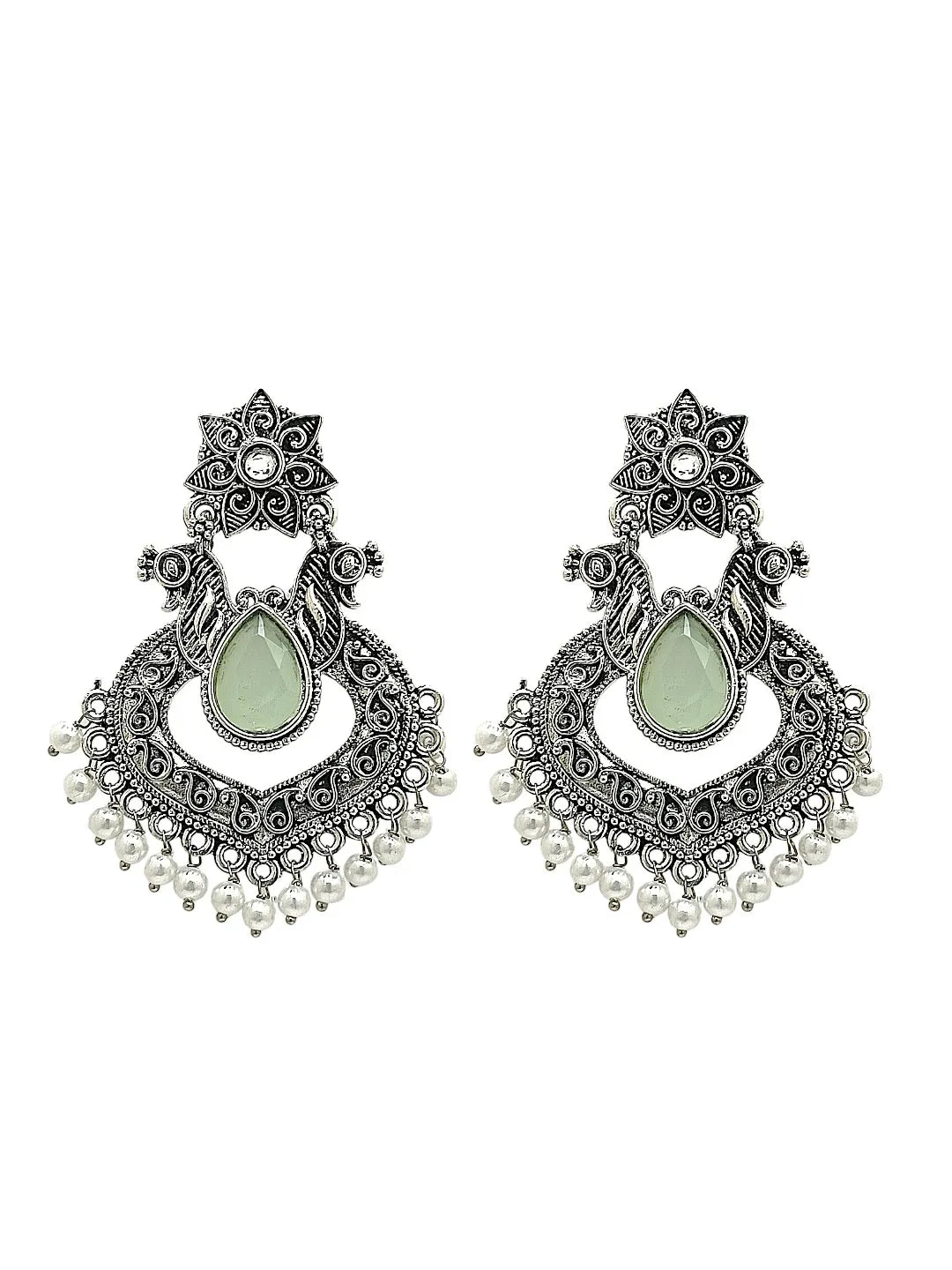 Silver Plated Jhumka with Mint Green stone Studded